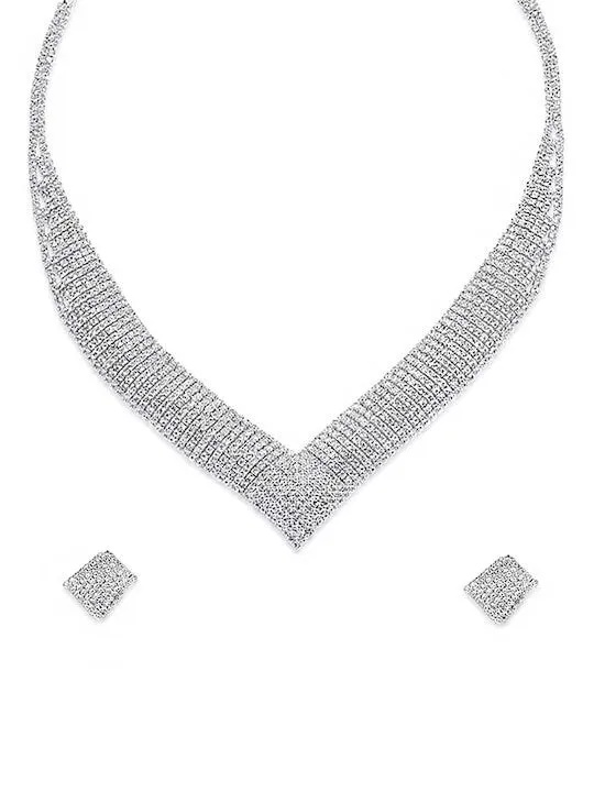Elegant Rhodium-Plated Silver-Toned & White Crystal-Studded Jewellery Set