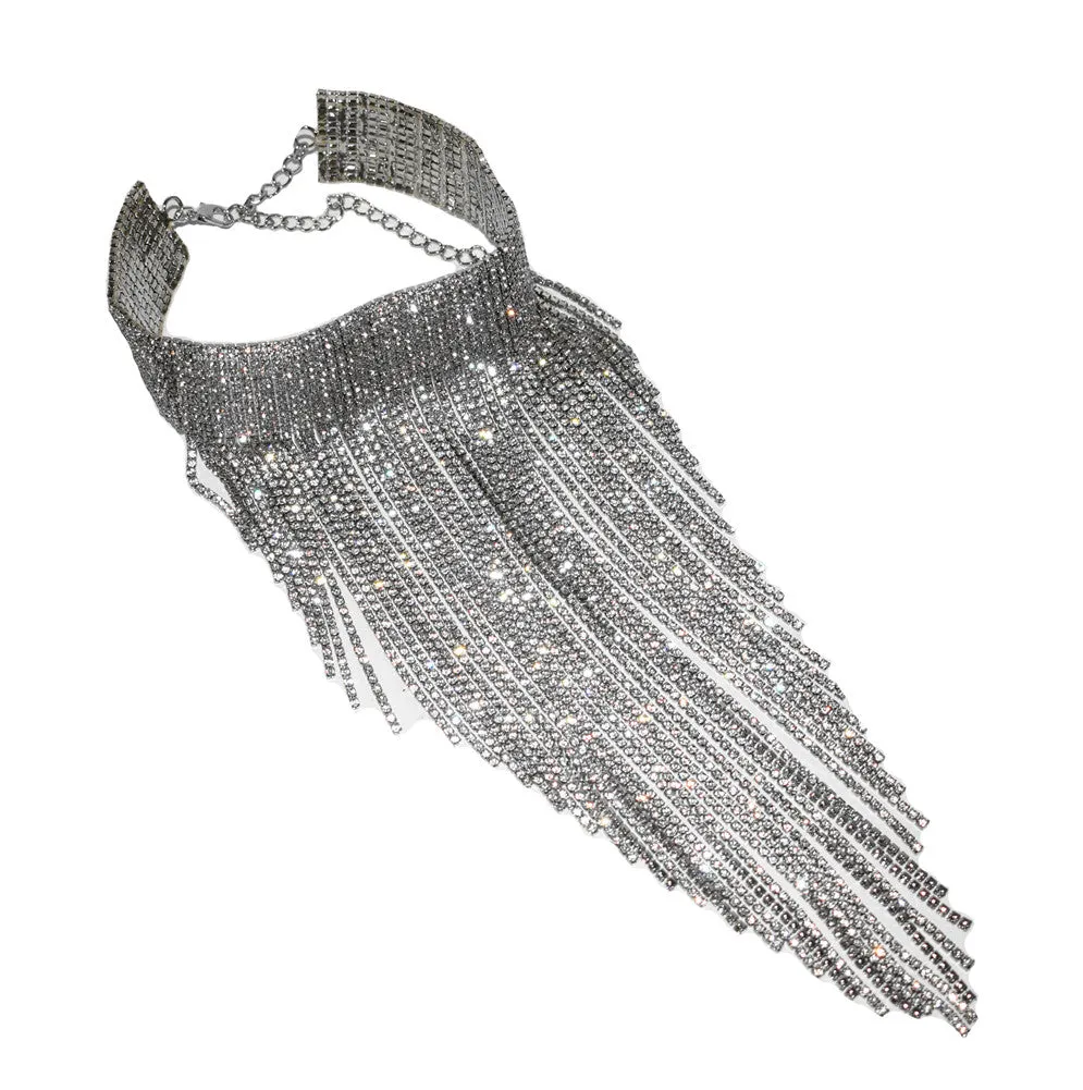 Full rhinestone long chain choker collar statement necklace