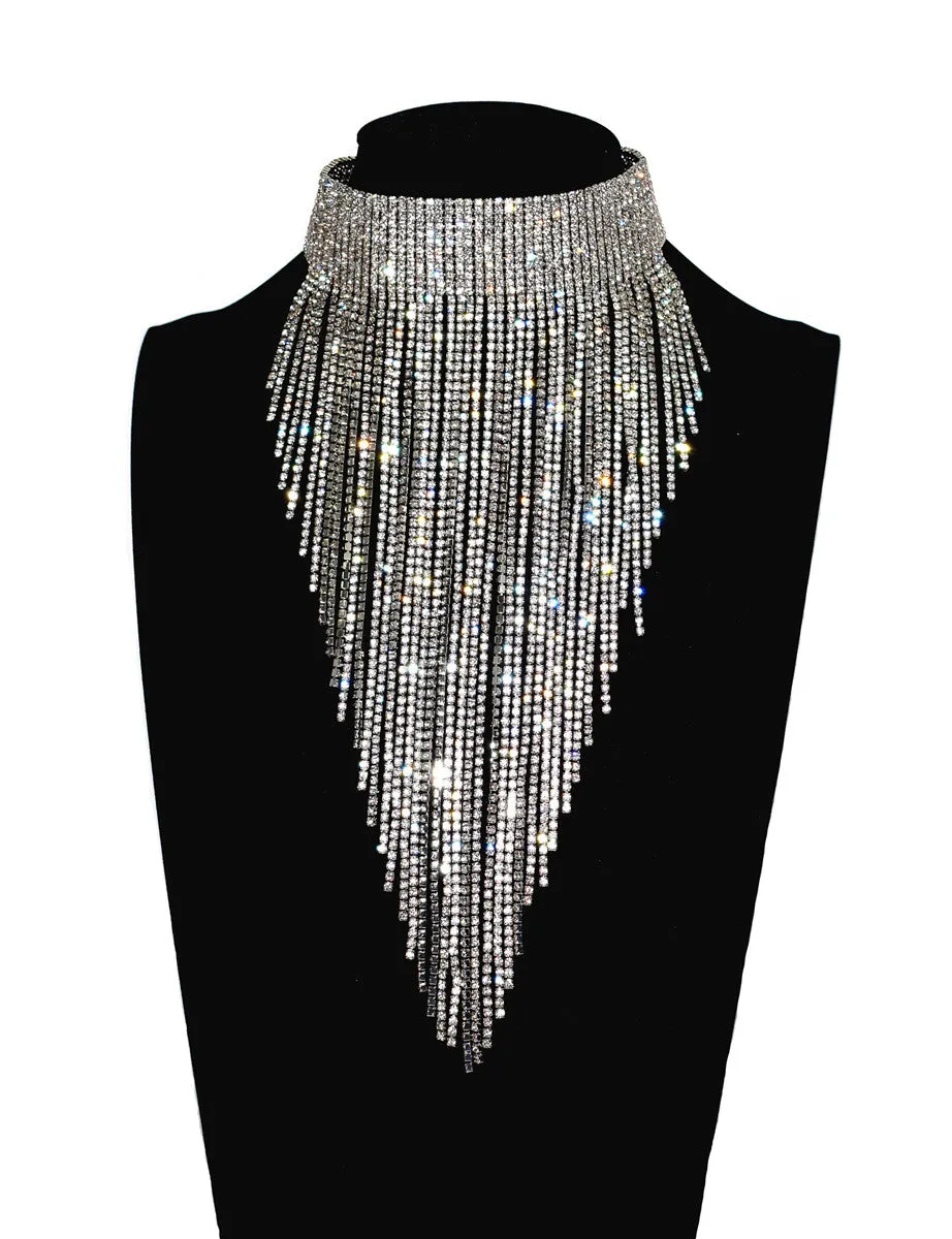 Full rhinestone long chain choker collar statement necklace