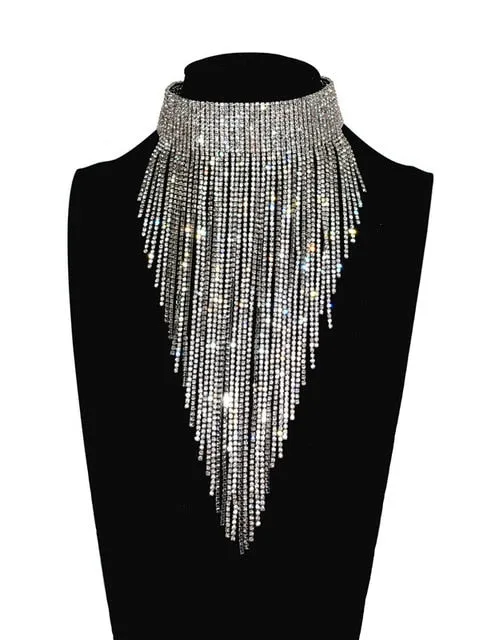 Full rhinestone long chain choker collar statement necklace