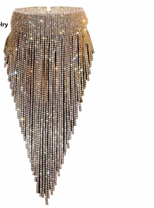 Full rhinestone long chain choker collar statement necklace