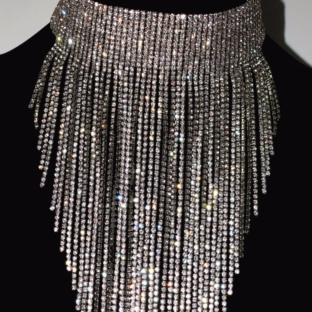 Full rhinestone long chain choker collar statement necklace