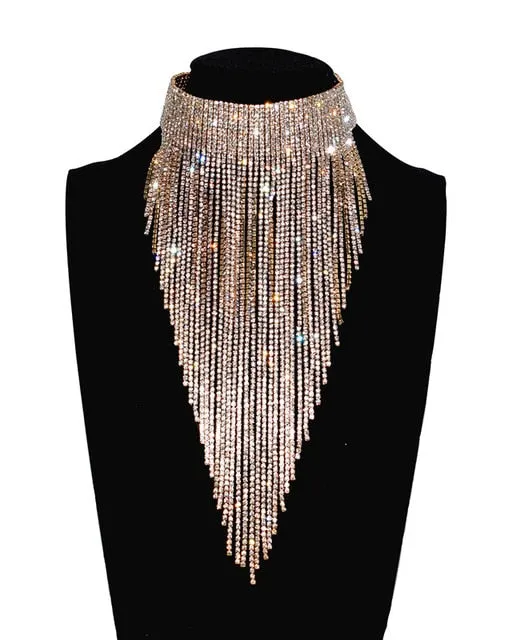 Full rhinestone long chain choker collar statement necklace