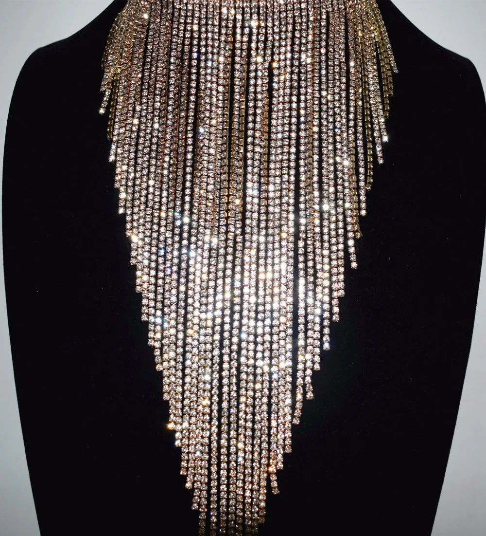 Full rhinestone long chain choker collar statement necklace
