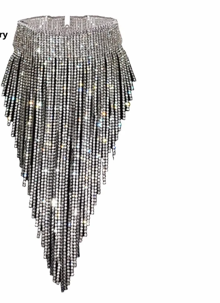 Full rhinestone long chain choker collar statement necklace