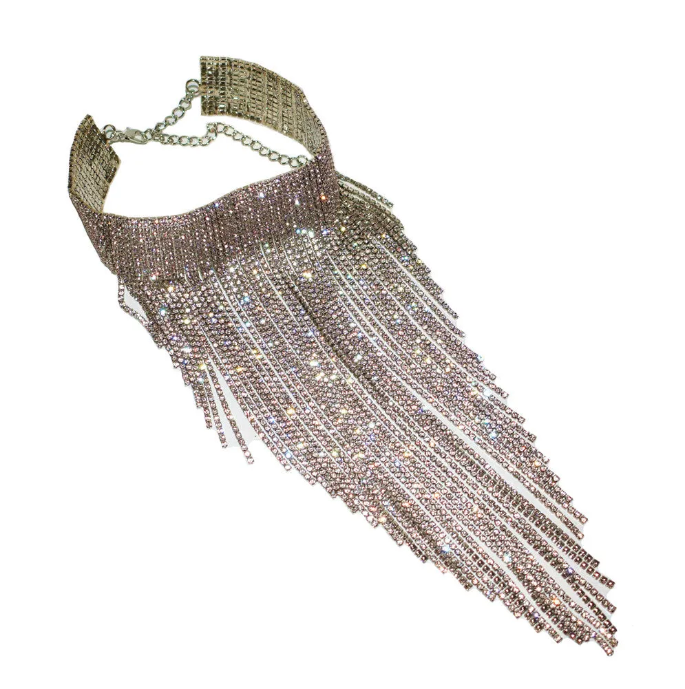 Full rhinestone long chain choker collar statement necklace