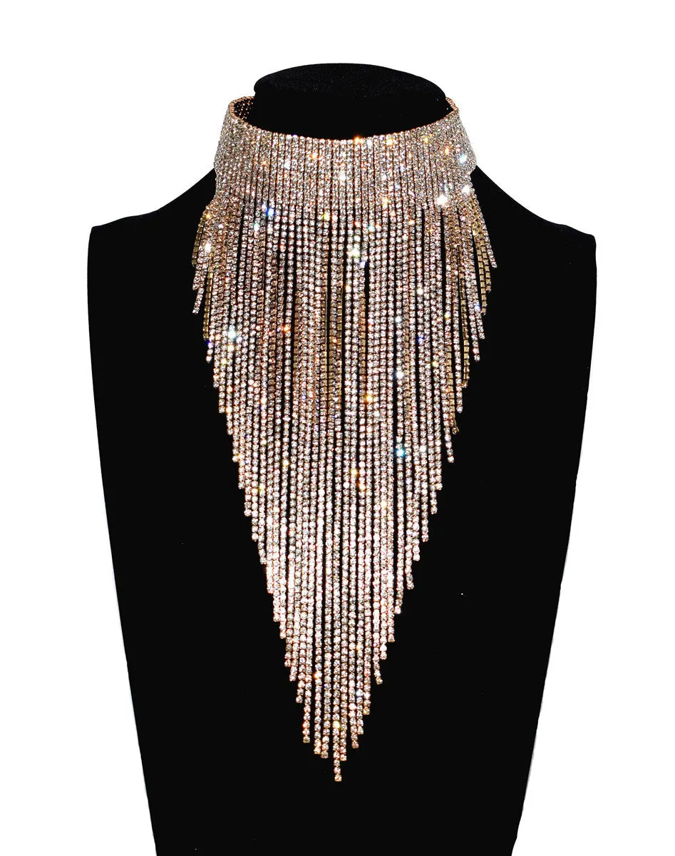 Full rhinestone long chain choker collar statement necklace