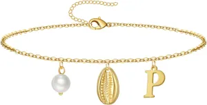 Gold Ankle Bracelet for Women, 14K Gold Plated Waterproof Seashell Initial Anklets, Summer Jewelry Gifts for Women