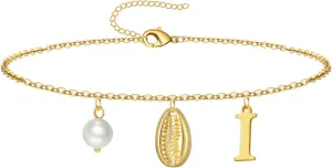 Gold Ankle Bracelet for Women, 14K Gold Plated Waterproof Seashell Initial Anklets, Summer Jewelry Gifts for Women