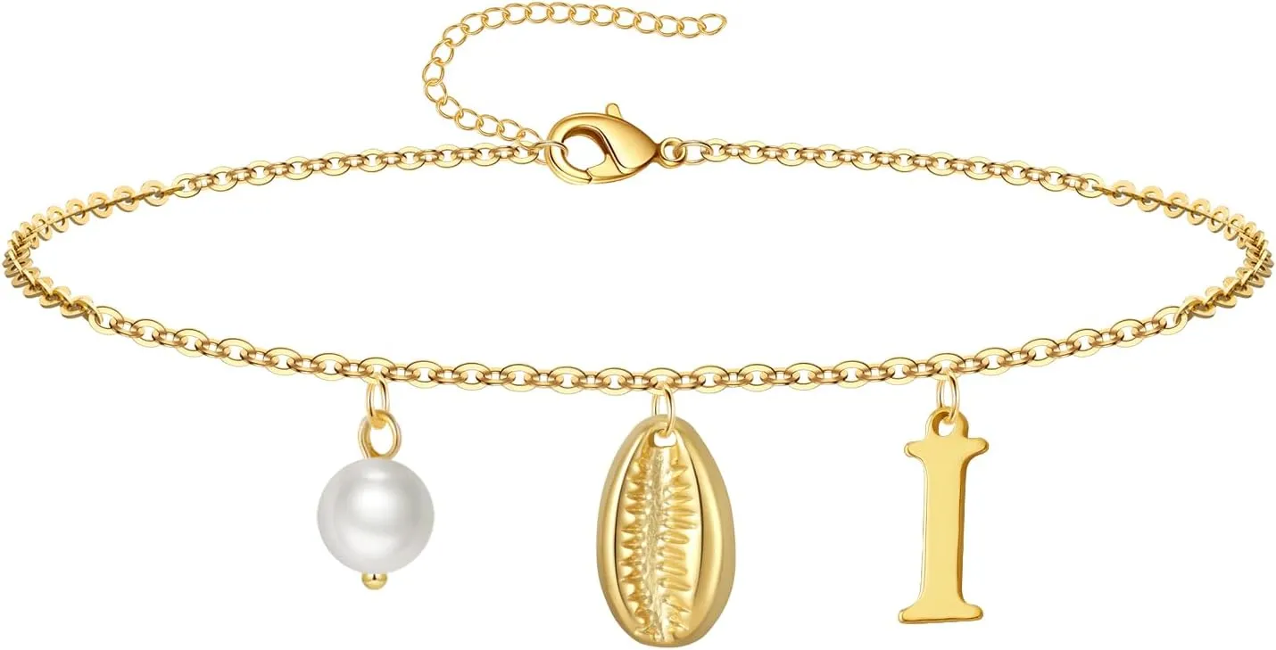 Gold Ankle Bracelet for Women, 14K Gold Plated Waterproof Seashell Initial Anklets, Summer Jewelry Gifts for Women