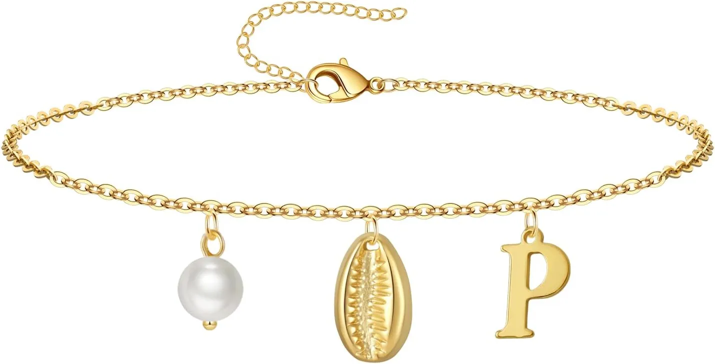 Gold Ankle Bracelet for Women, 14K Gold Plated Waterproof Seashell Initial Anklets, Summer Jewelry Gifts for Women