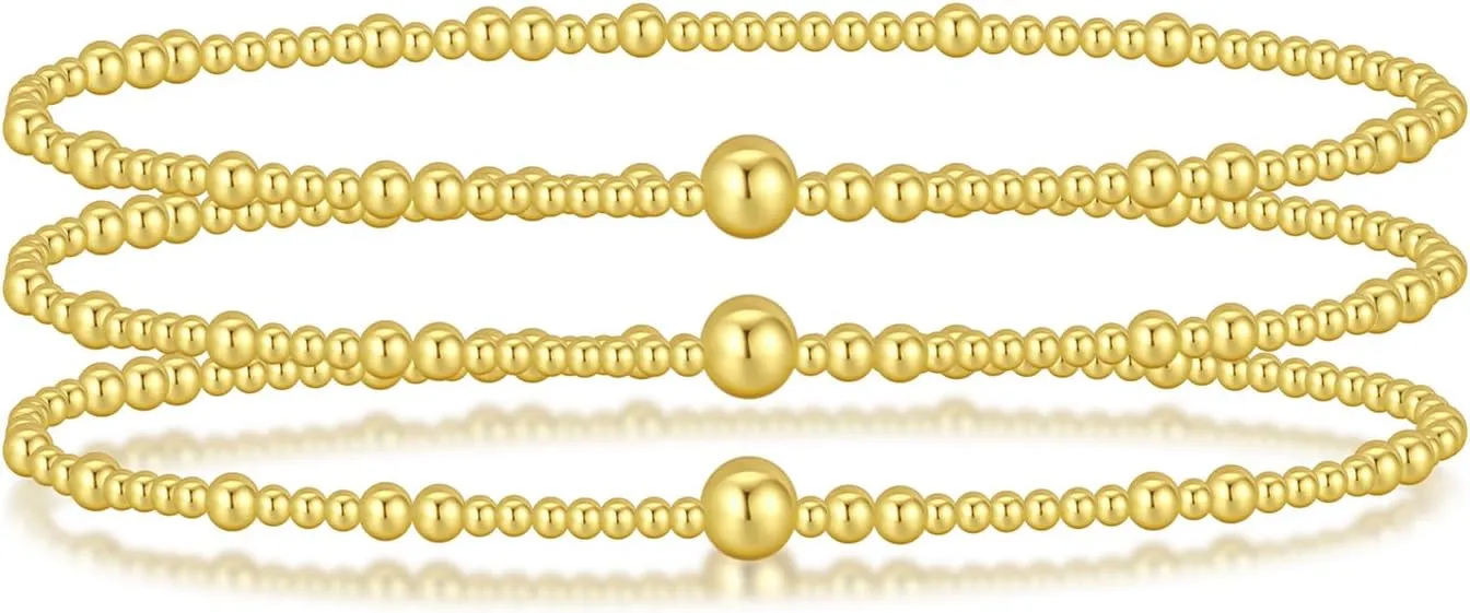 Gold Beaded Bracelet Stack Non Tarnish Stackable Stretch Gold Ball Bead Bracelet Set Stacked Stretchy Waterproof Jewelry