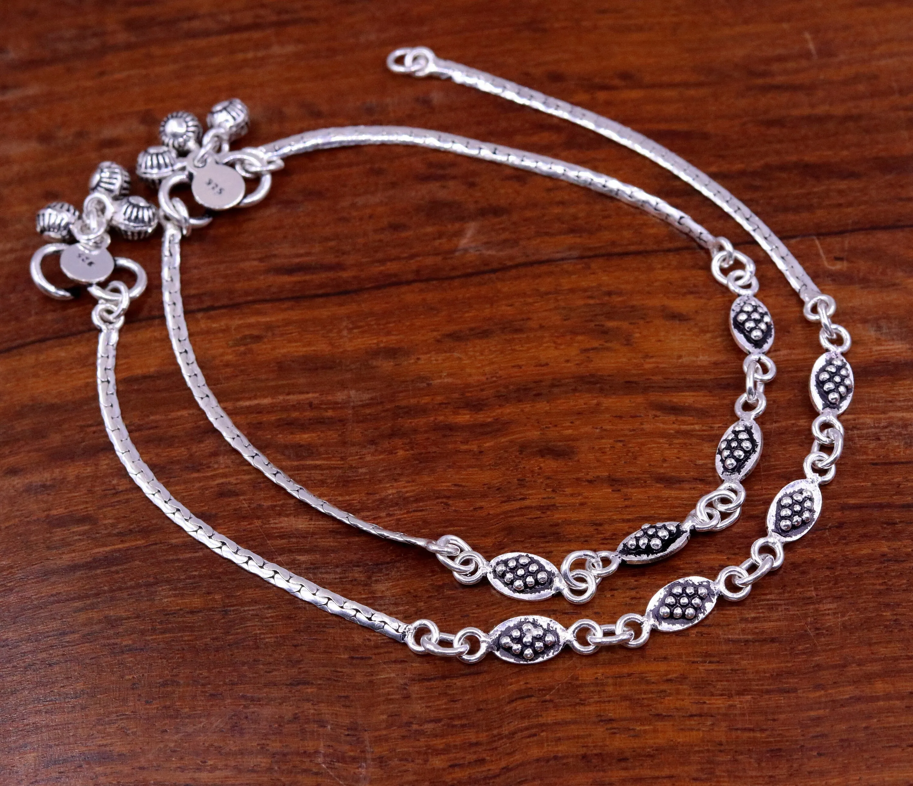 Handmade 925 sterling silver gorgeous anklets pair, excellent feet bracelet,stylish trendy oxidized design ankle charm bracelet india ank91