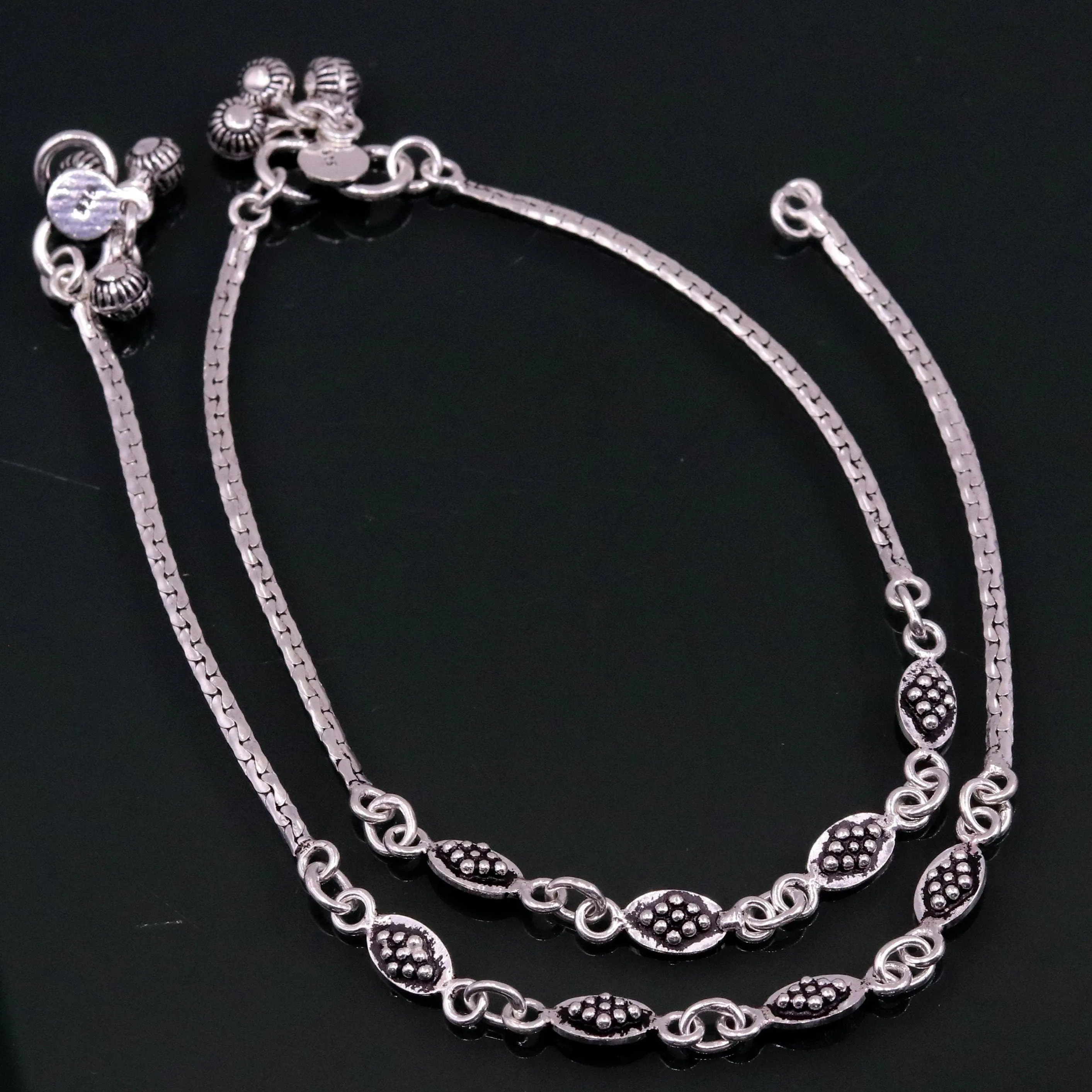 Handmade 925 sterling silver gorgeous anklets pair, excellent feet bracelet,stylish trendy oxidized design ankle charm bracelet india ank91