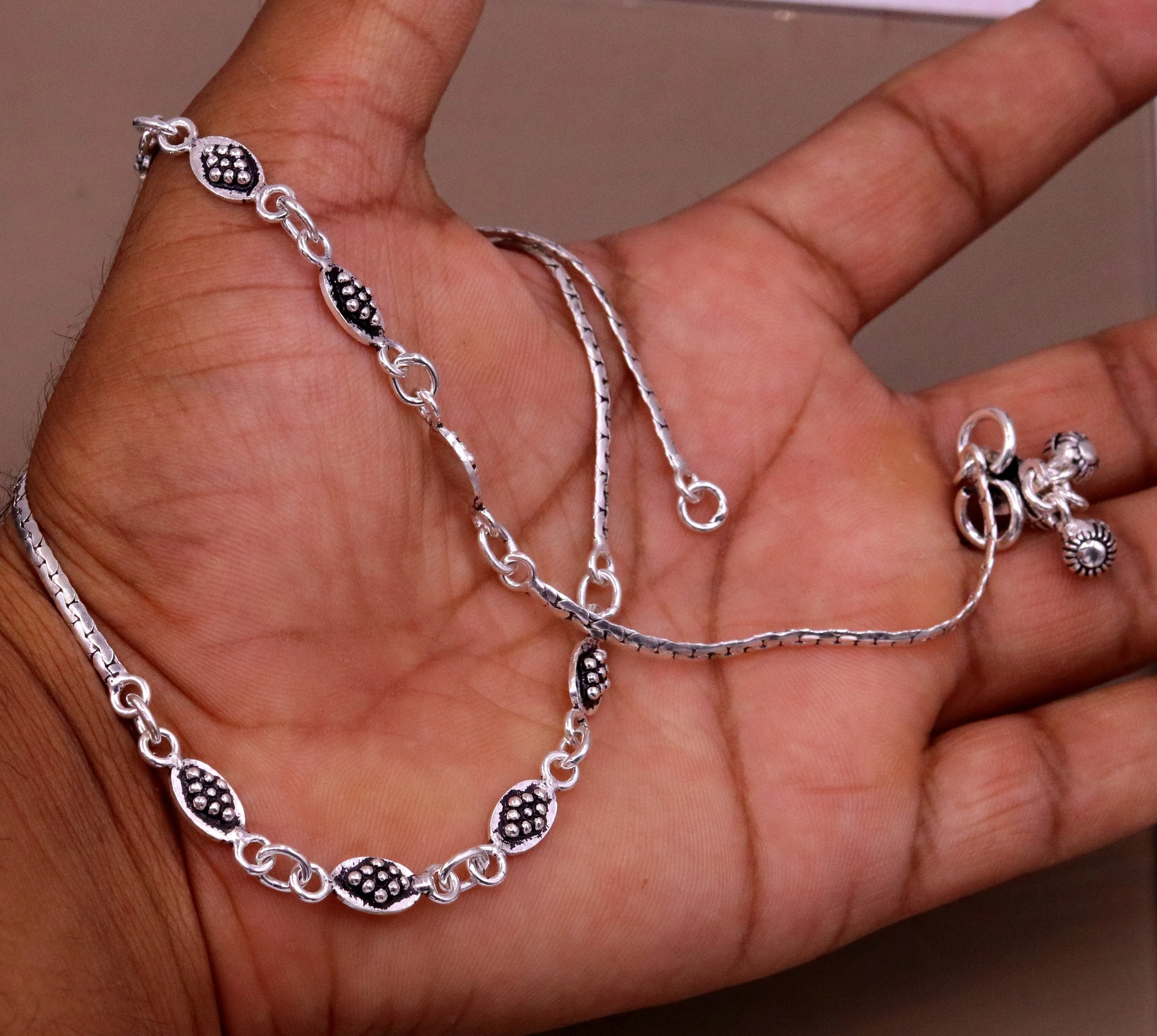 Handmade 925 sterling silver gorgeous anklets pair, excellent feet bracelet,stylish trendy oxidized design ankle charm bracelet india ank91
