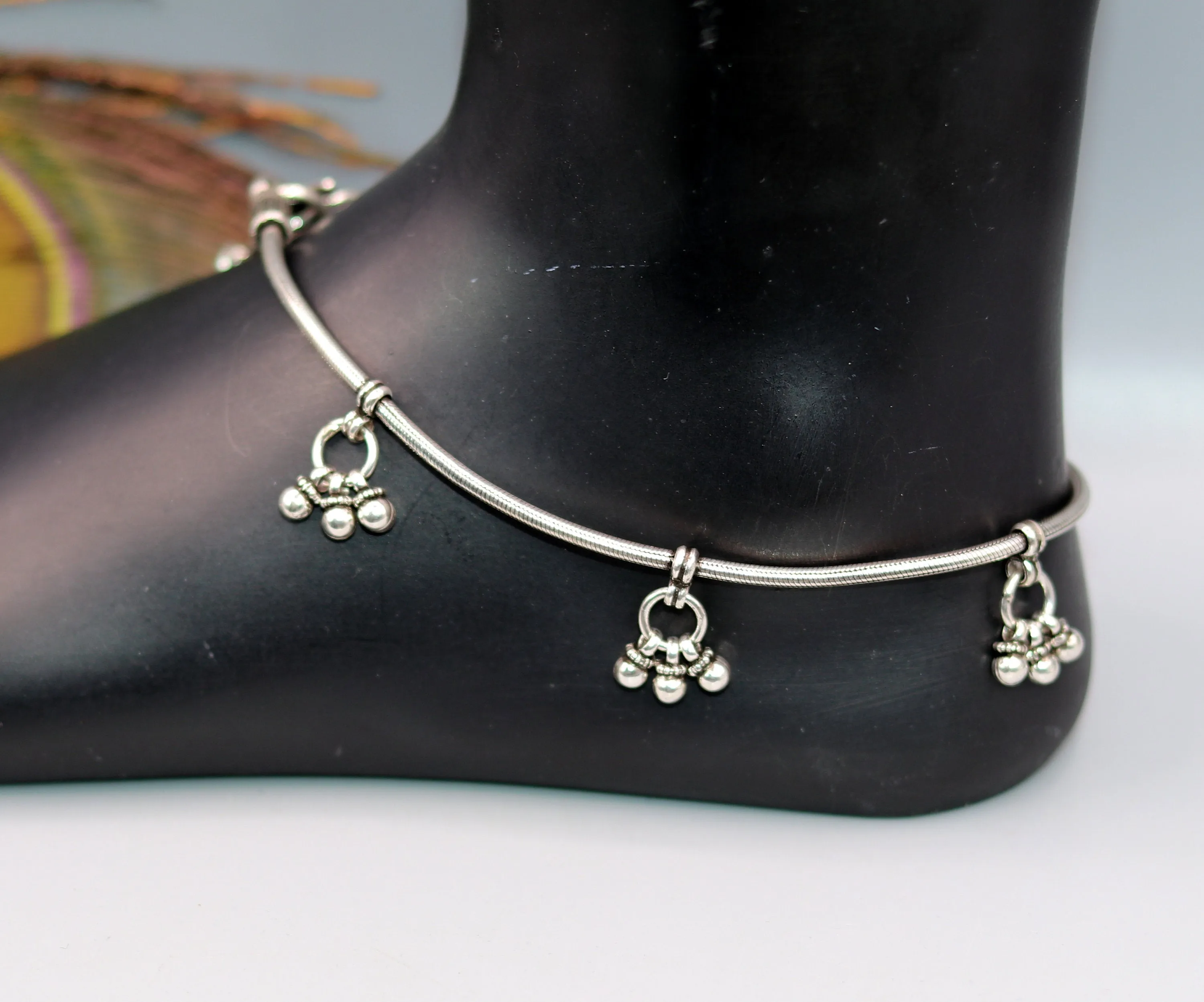 handmade 925 Sterling silver handmade vintage antique design stylish anklet foot bracelet hanging bells tribal belly dance jewelry ank29
