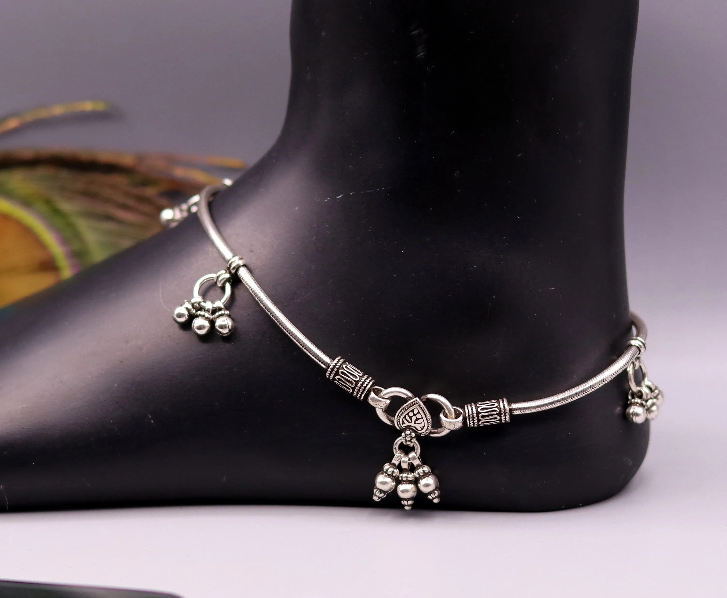 handmade 925 Sterling silver handmade vintage antique design stylish anklet foot bracelet hanging bells tribal belly dance jewelry ank29