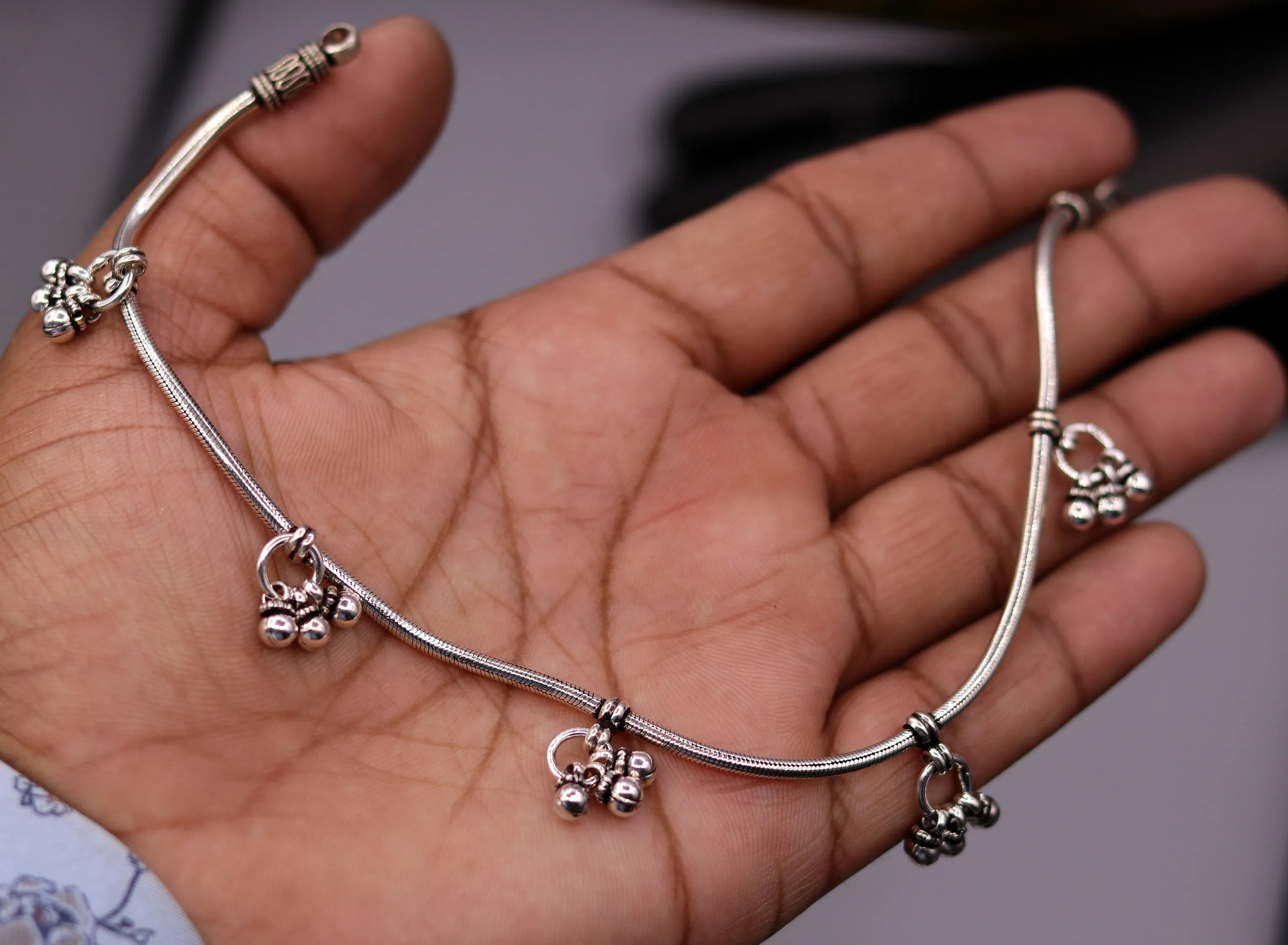 handmade 925 Sterling silver handmade vintage antique design stylish anklet foot bracelet hanging bells tribal belly dance jewelry ank29