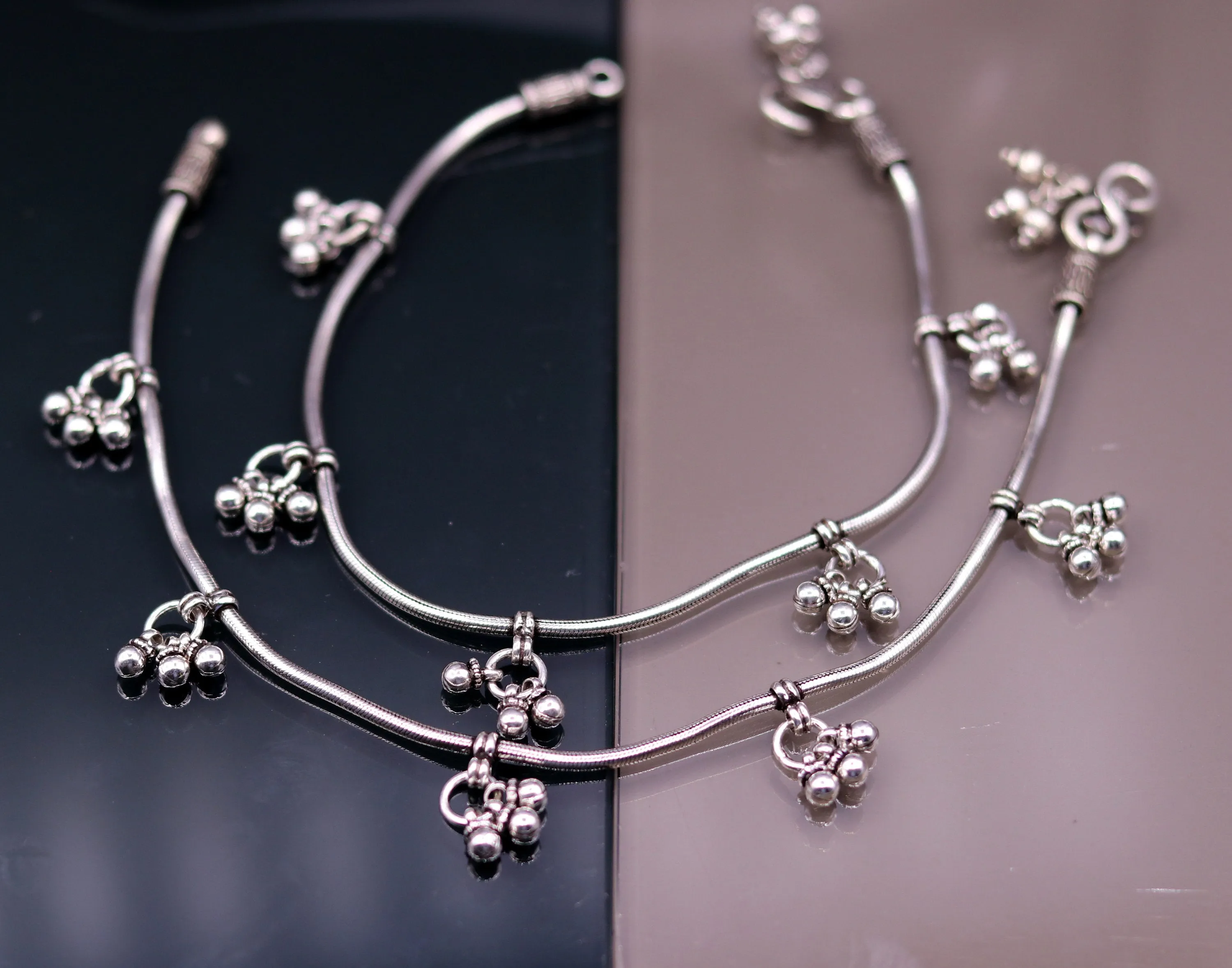 handmade 925 Sterling silver handmade vintage antique design stylish anklet foot bracelet hanging bells tribal belly dance jewelry ank29