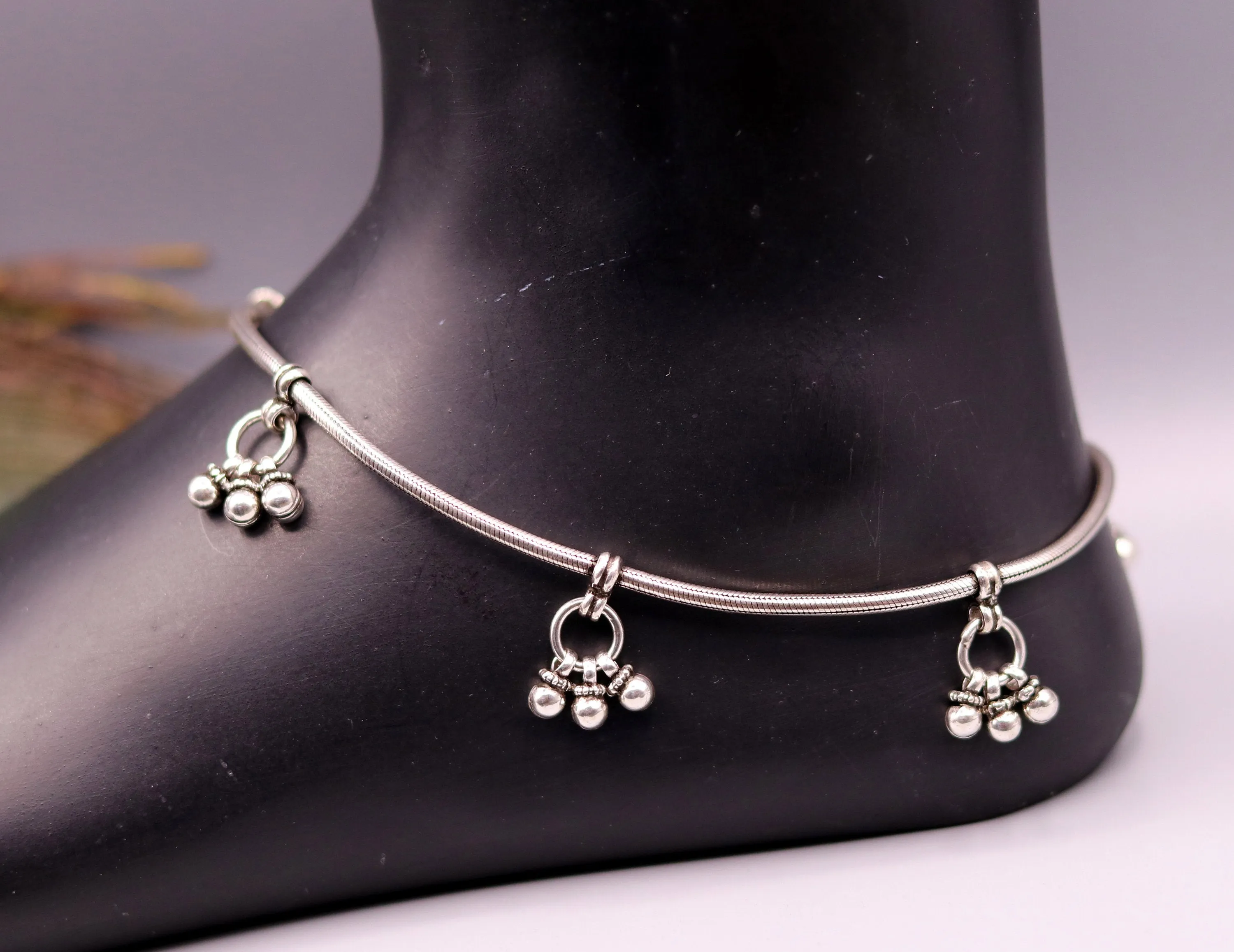 handmade 925 Sterling silver handmade vintage antique design stylish anklet foot bracelet hanging bells tribal belly dance jewelry ank29