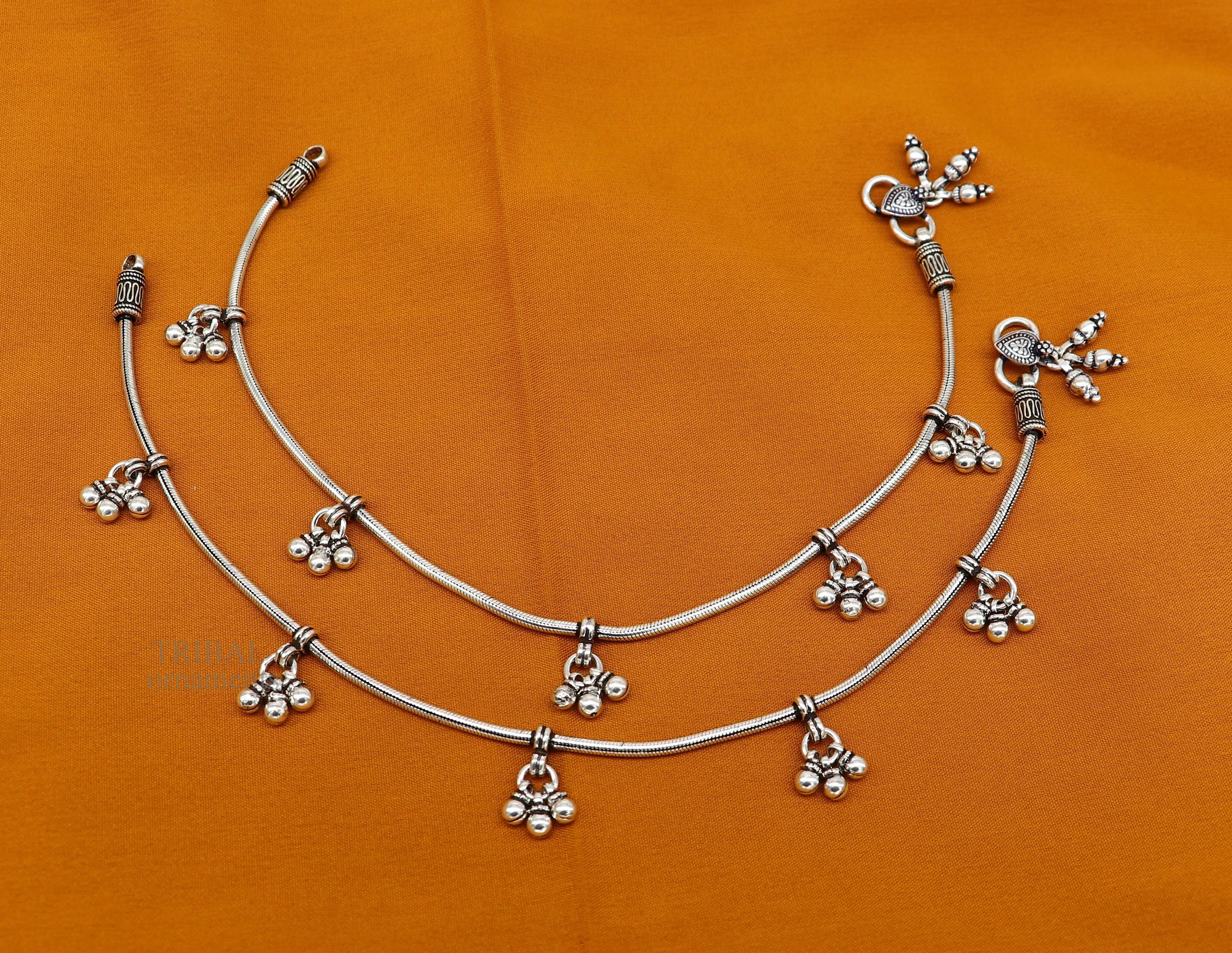 handmade 925 Sterling silver handmade vintage antique design stylish anklet foot bracelet hanging bells tribal belly dance jewelry ank455