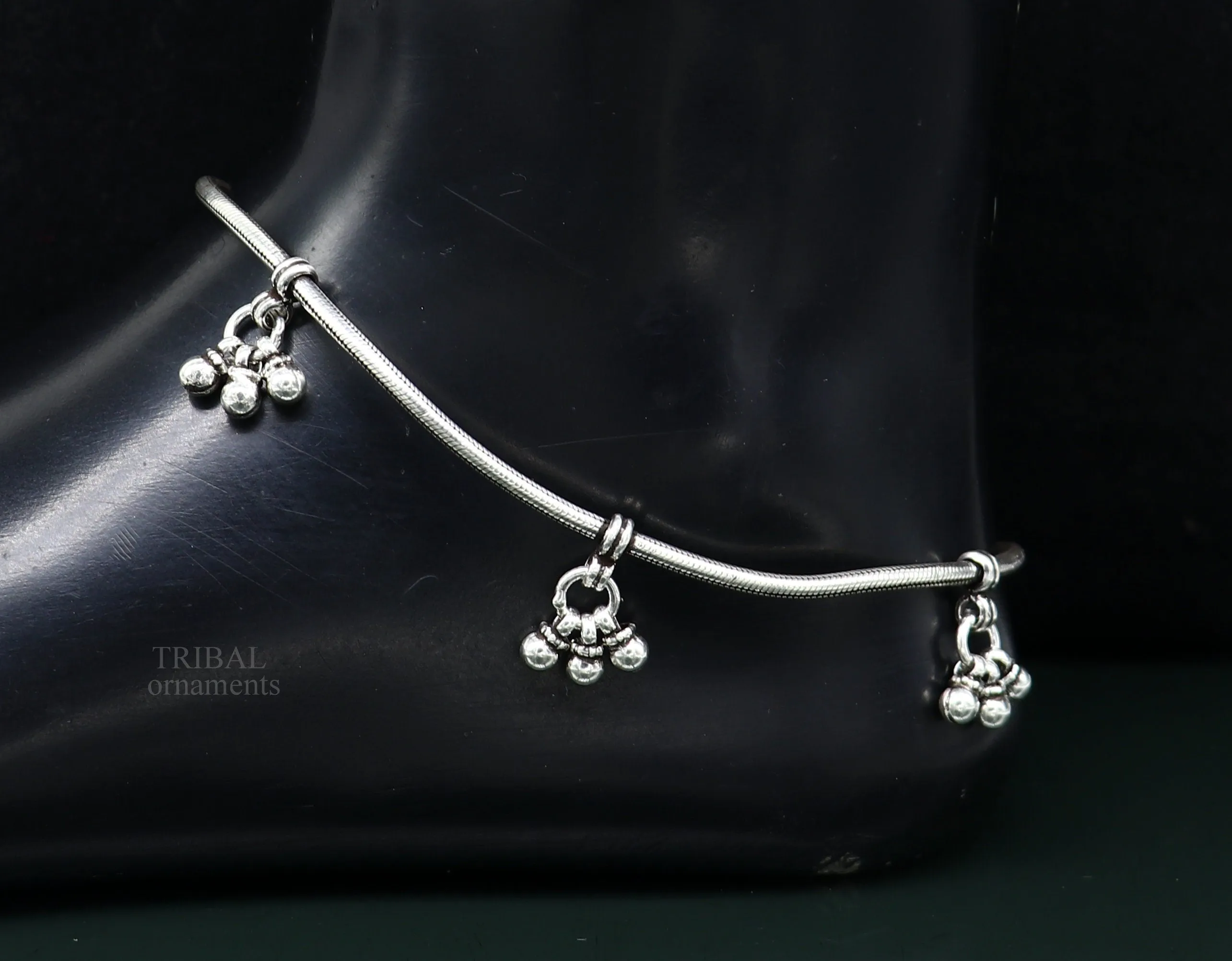 handmade 925 Sterling silver handmade vintage antique design stylish anklet foot bracelet hanging bells tribal belly dance jewelry ank455