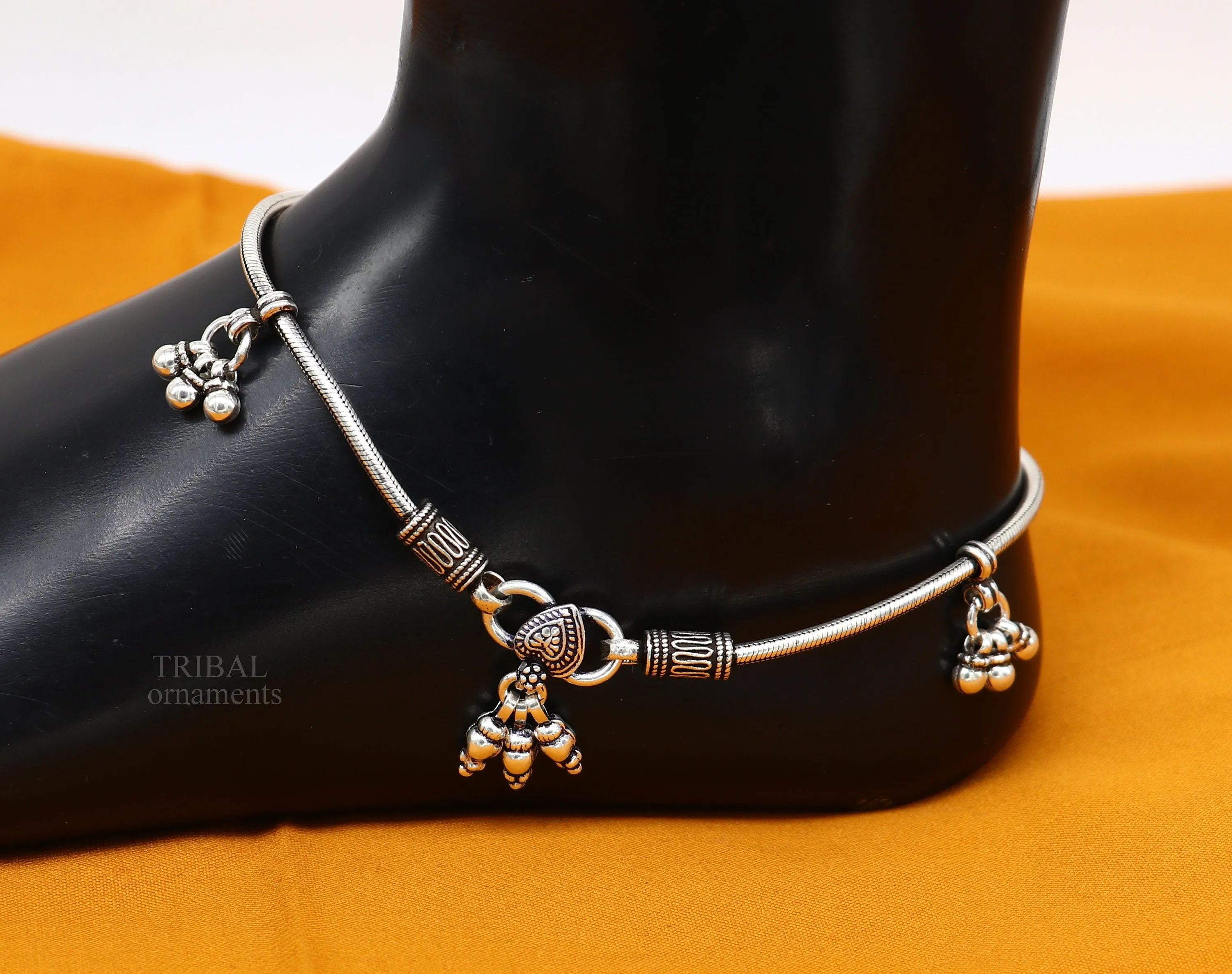 handmade 925 Sterling silver handmade vintage antique design stylish anklet foot bracelet hanging bells tribal belly dance jewelry ank455