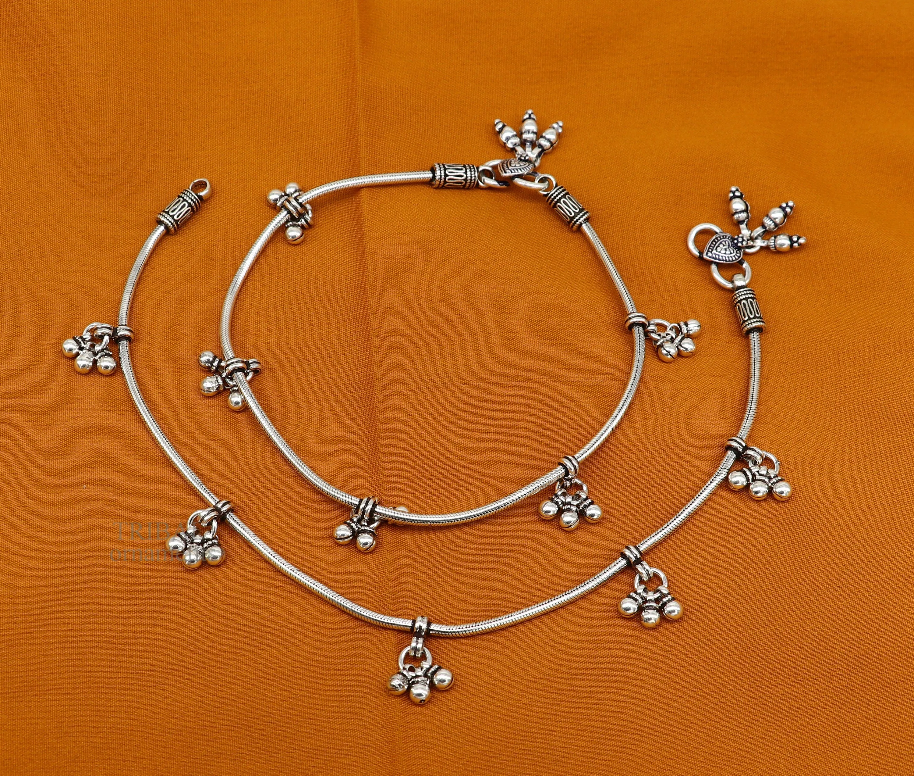 handmade 925 Sterling silver handmade vintage antique design stylish anklet foot bracelet hanging bells tribal belly dance jewelry ank455