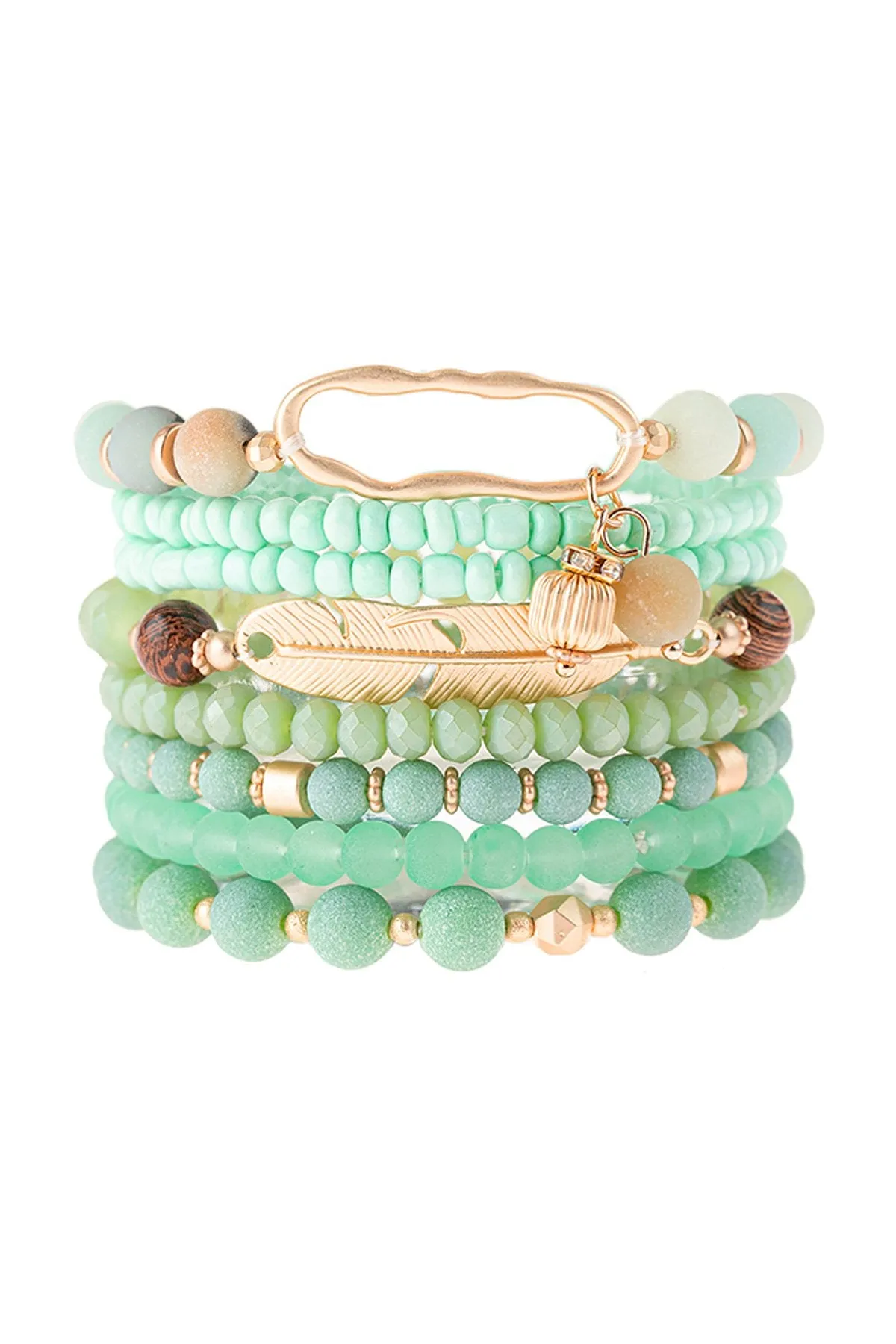 Hdb3104 - Feather Charm Beaded Stretch Bracelet