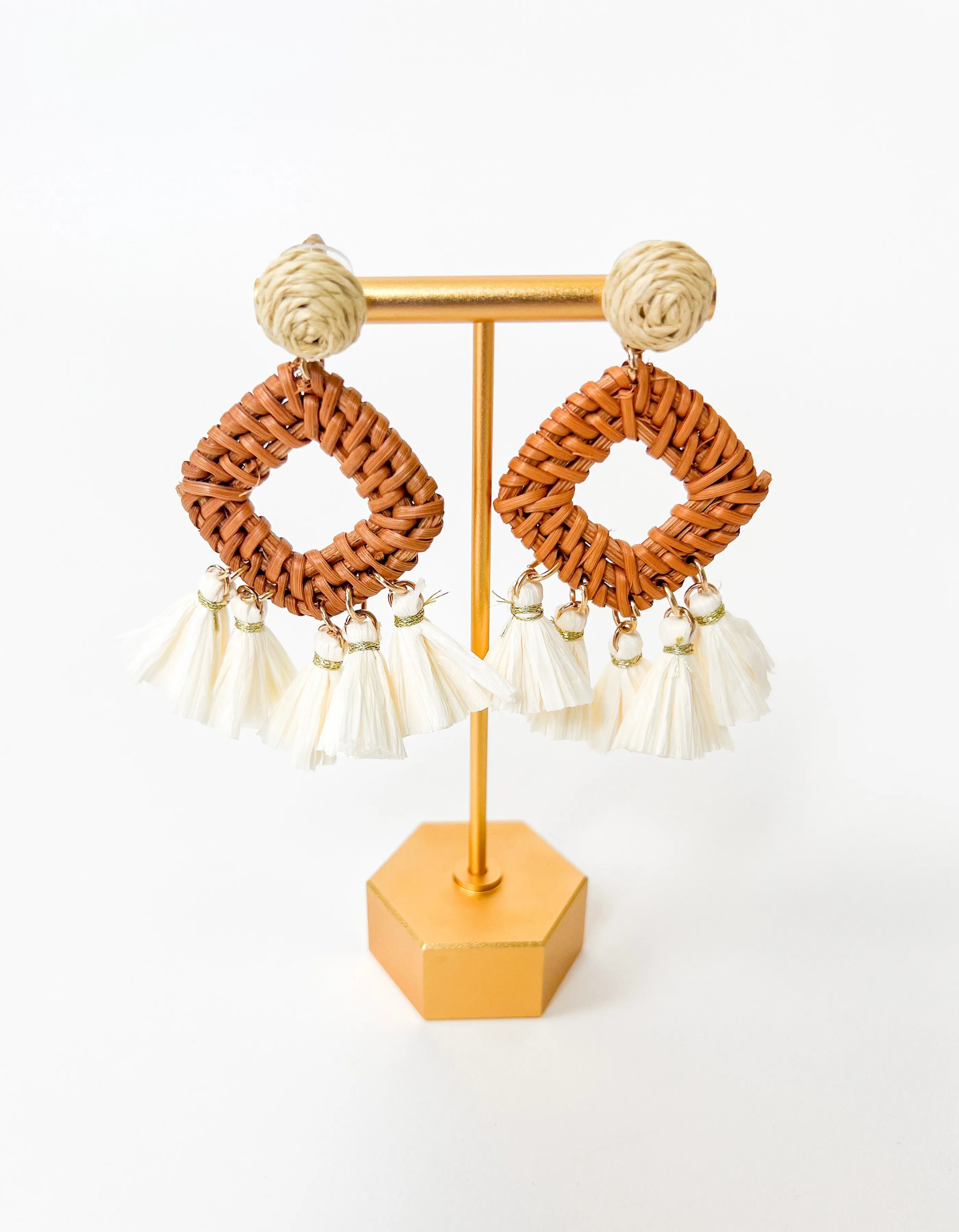 IVORY RATTAN STATEMENT TASSEL EARRINGS