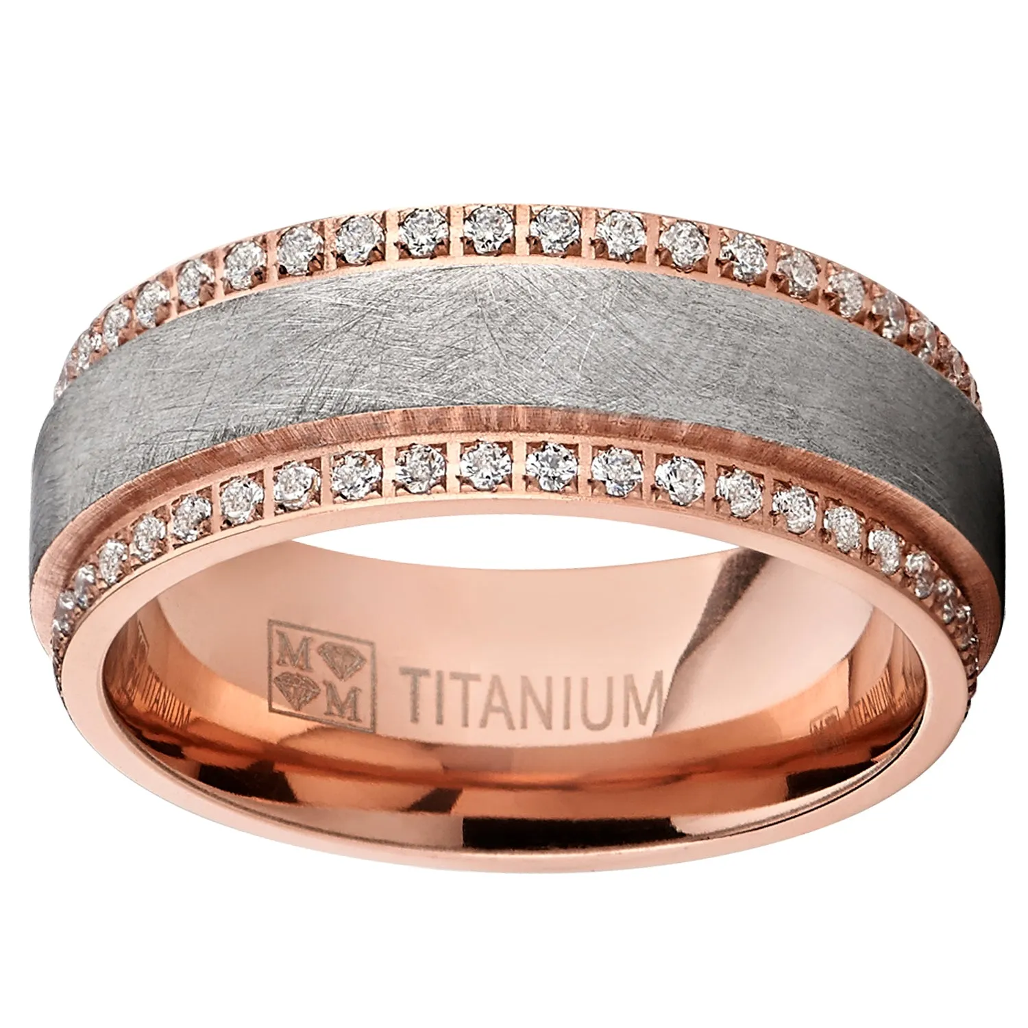 Men's Rose Plated Textured Brushed Finished Titanium Eternity Wedding Ring Band With Cubic Zirconia