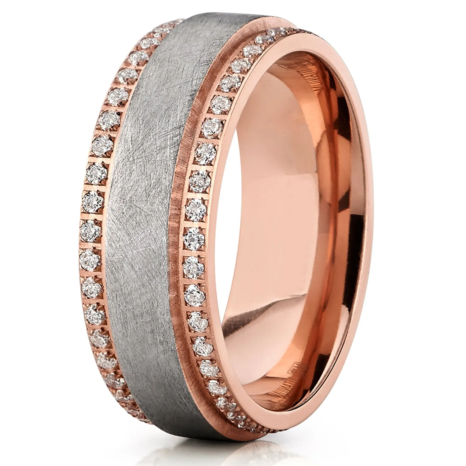Men's Rose Plated Textured Brushed Finished Titanium Eternity Wedding Ring Band With Cubic Zirconia