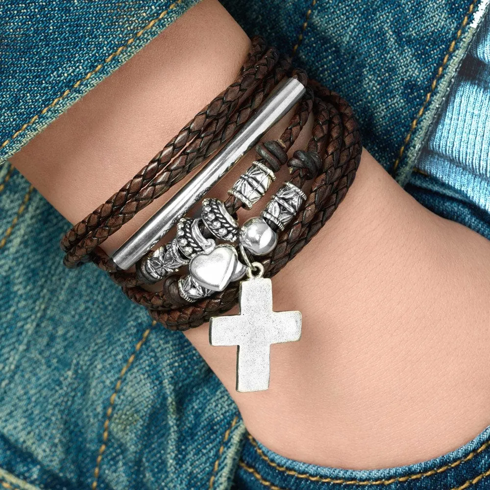 Naomi Braided Brown Leather Wrap Bracelet with Silver Crescent & Beads