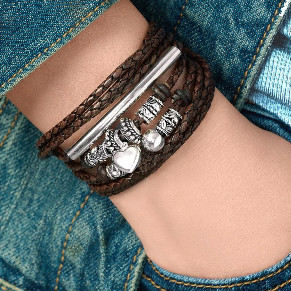 Naomi Braided Brown Leather Wrap Bracelet with Silver Crescent & Beads