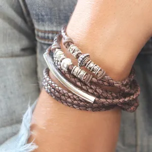 Naomi Braided Brown Leather Wrap Bracelet with Silver Crescent & Beads