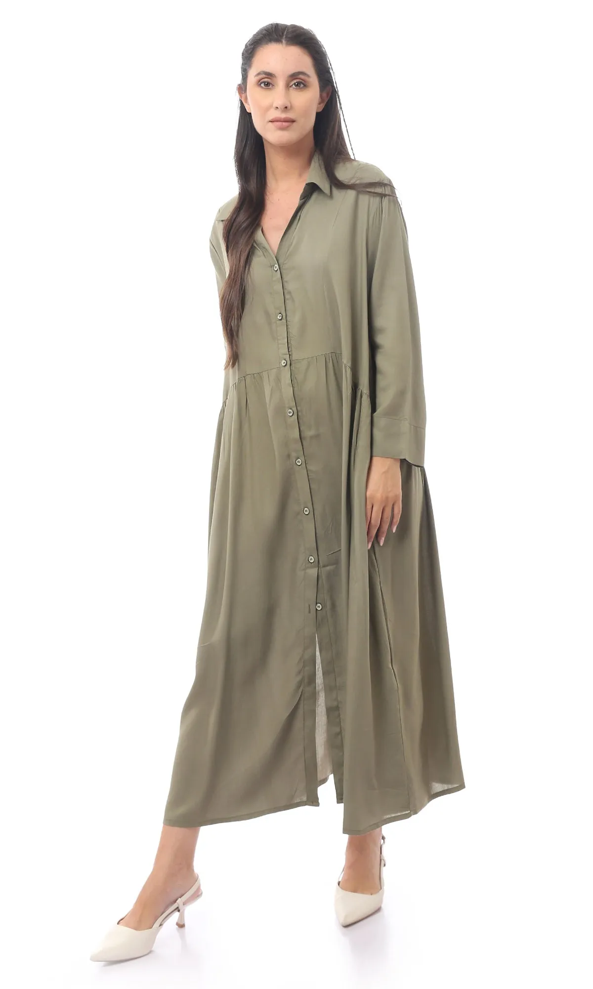 O165304 Olive Buttoned Long Sleeve Dress