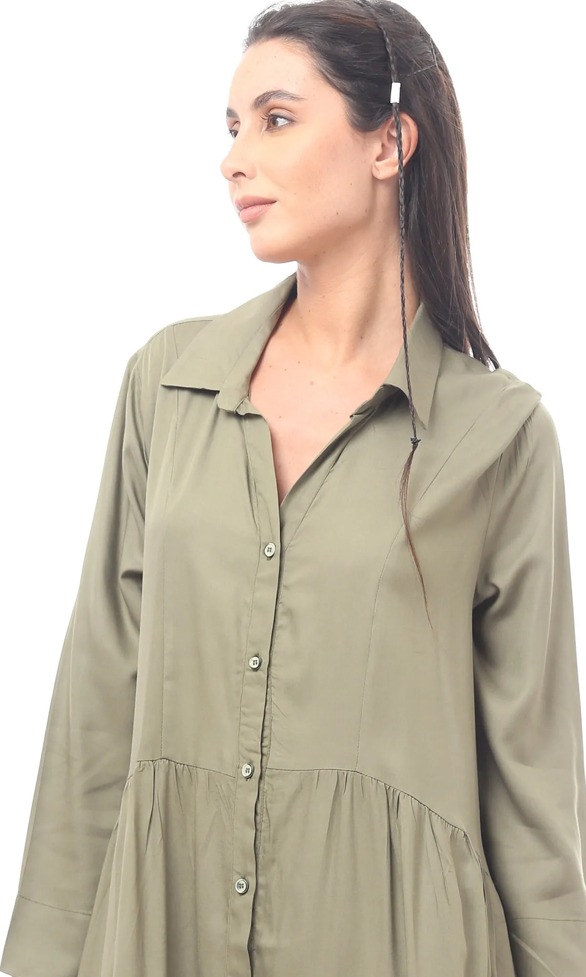 O165304 Olive Buttoned Long Sleeve Dress