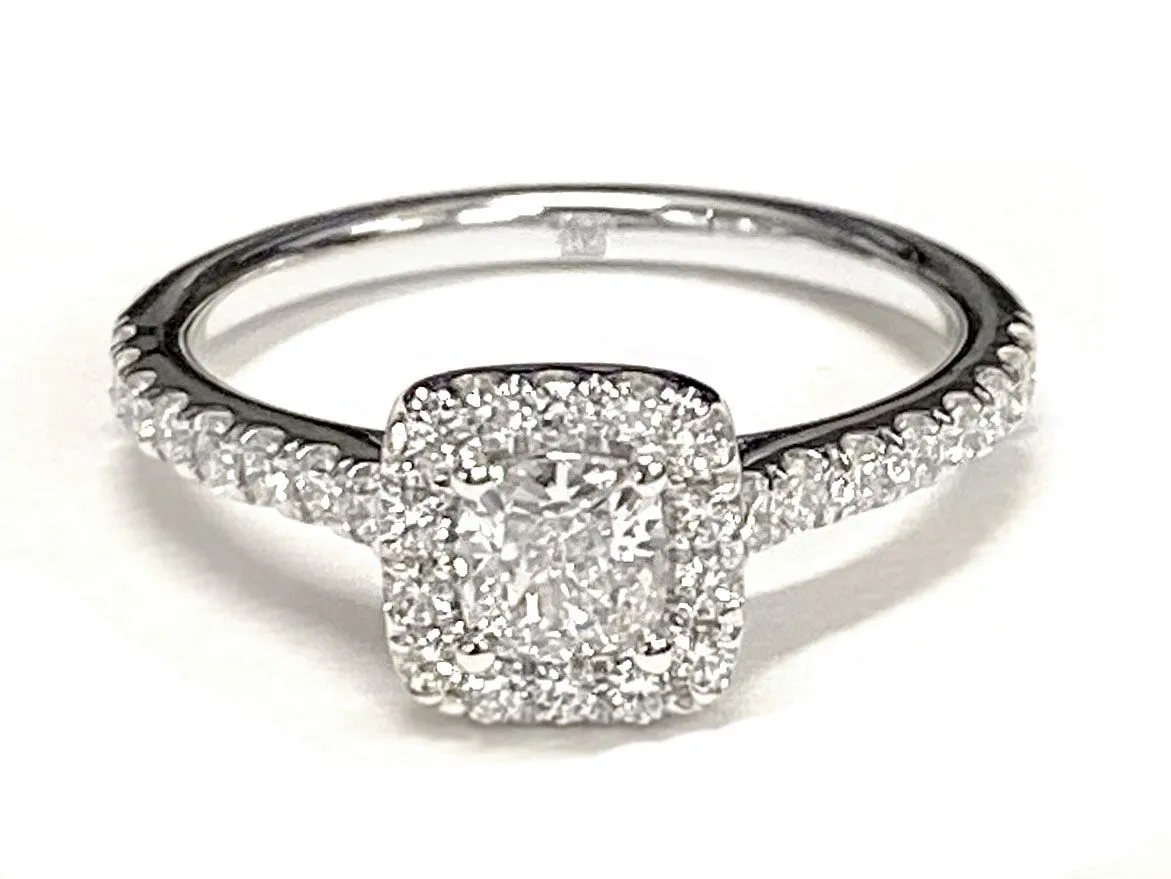 Platinum Cushion Diamond Classic Pave Halo Cathedral Style Engagement Ring -1/2ctw
