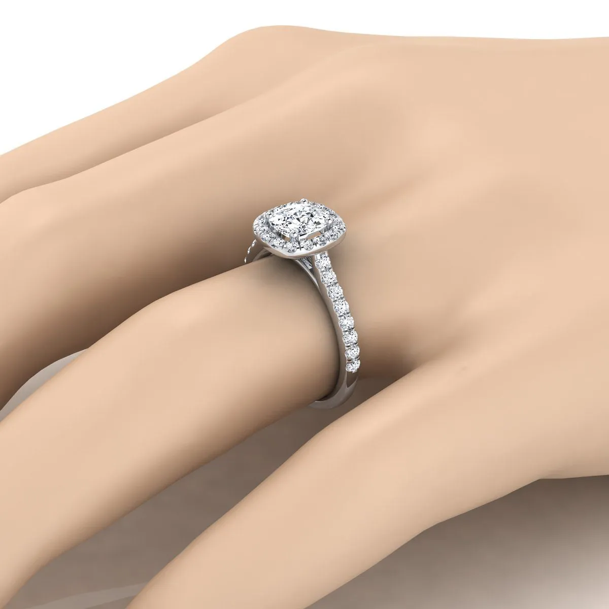 Platinum Cushion Diamond Classic Pave Halo Cathedral Style Engagement Ring -1/2ctw