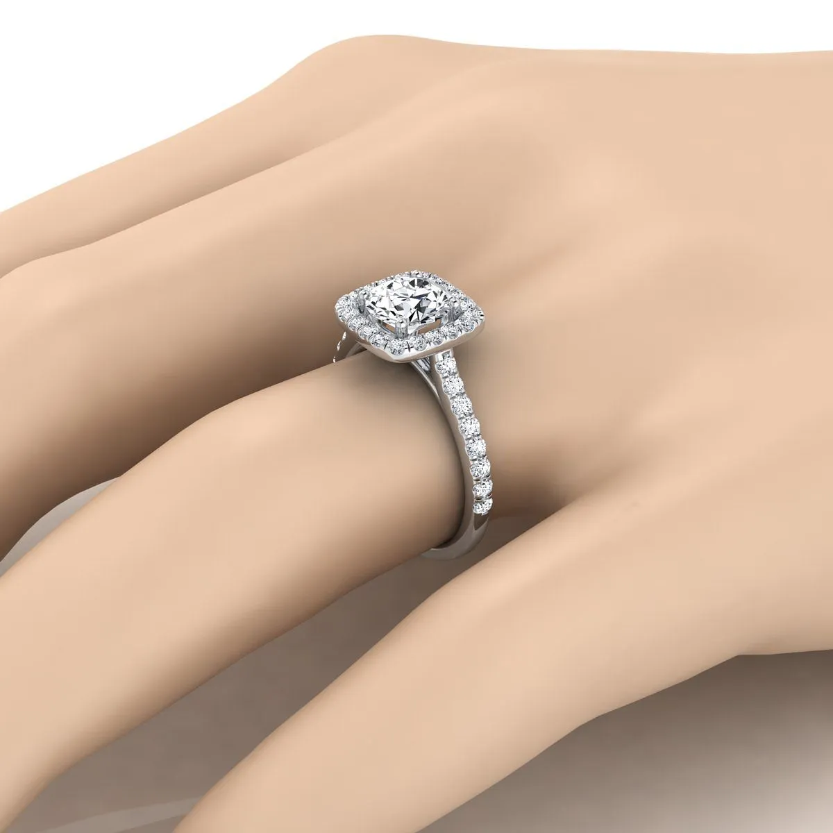 Platinum Round Brilliant Diamond Classic Pave Halo Cathedral Style Engagement Ring -1/2ctw