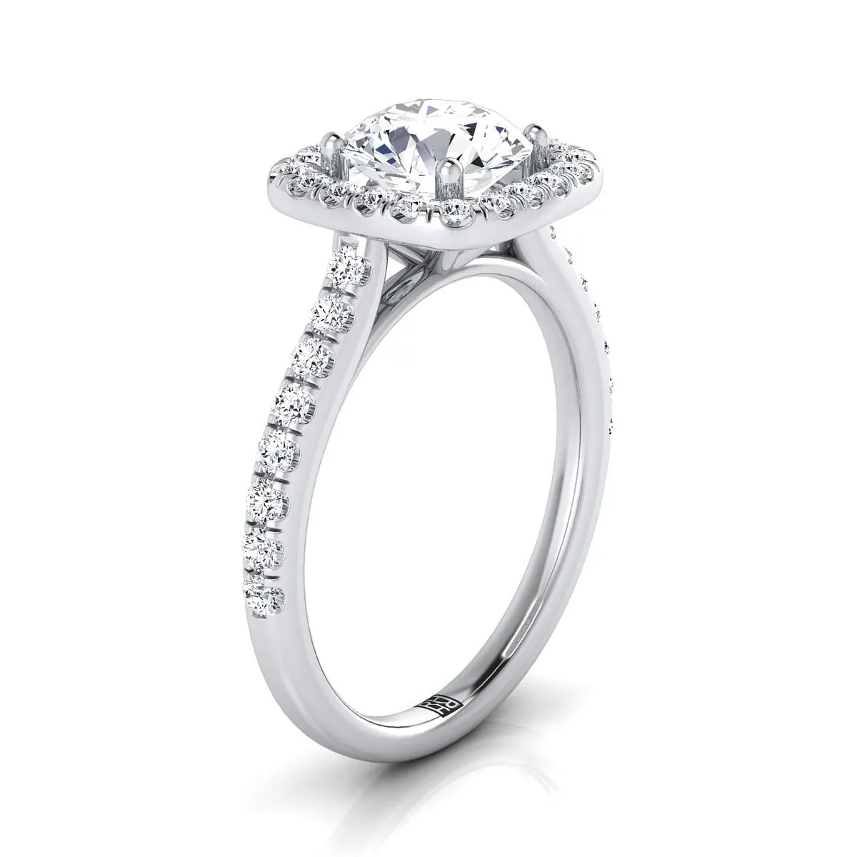 Platinum Round Brilliant Diamond Classic Pave Halo Cathedral Style Engagement Ring -1/2ctw