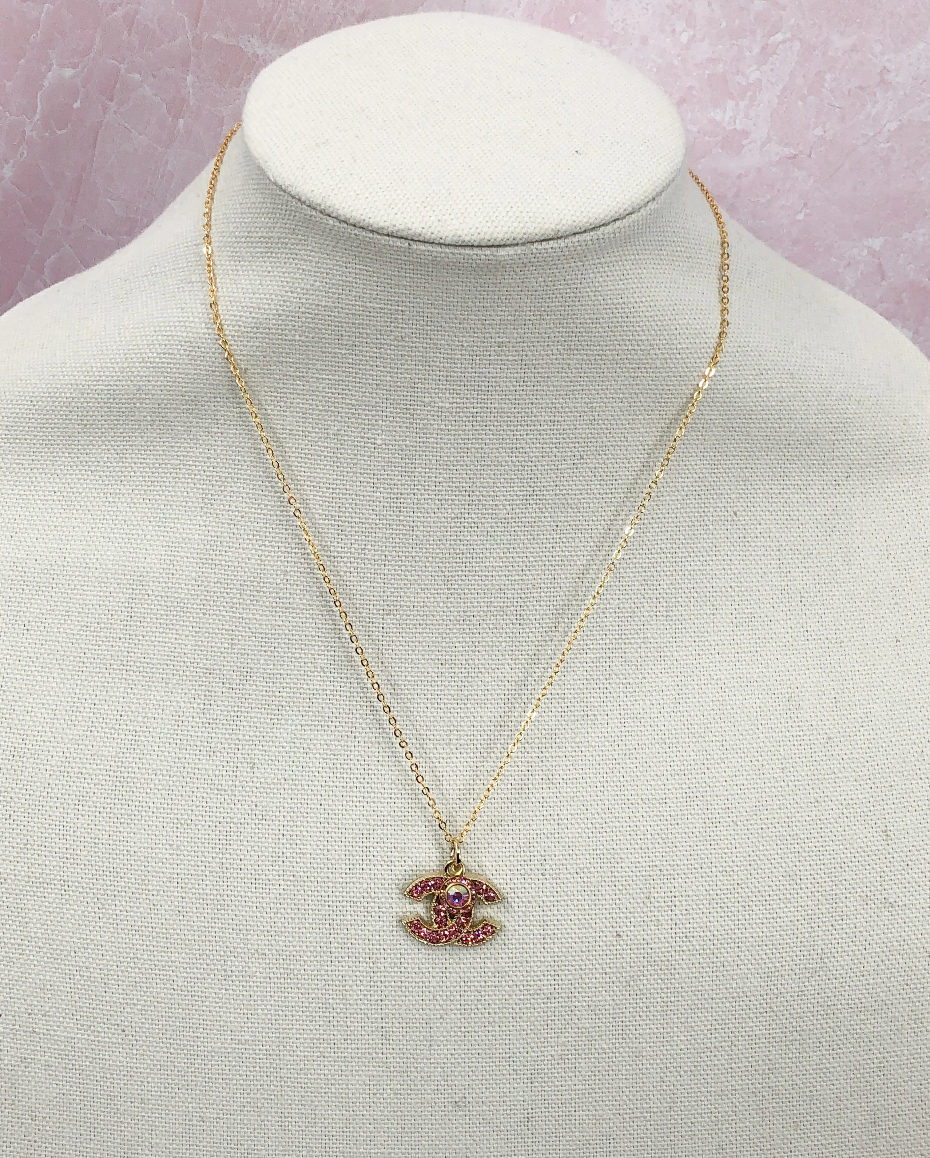 Prudence Pink and Gold Vintage Coco Chanel Zipper Pull Necklace- Modern Vintage Creations