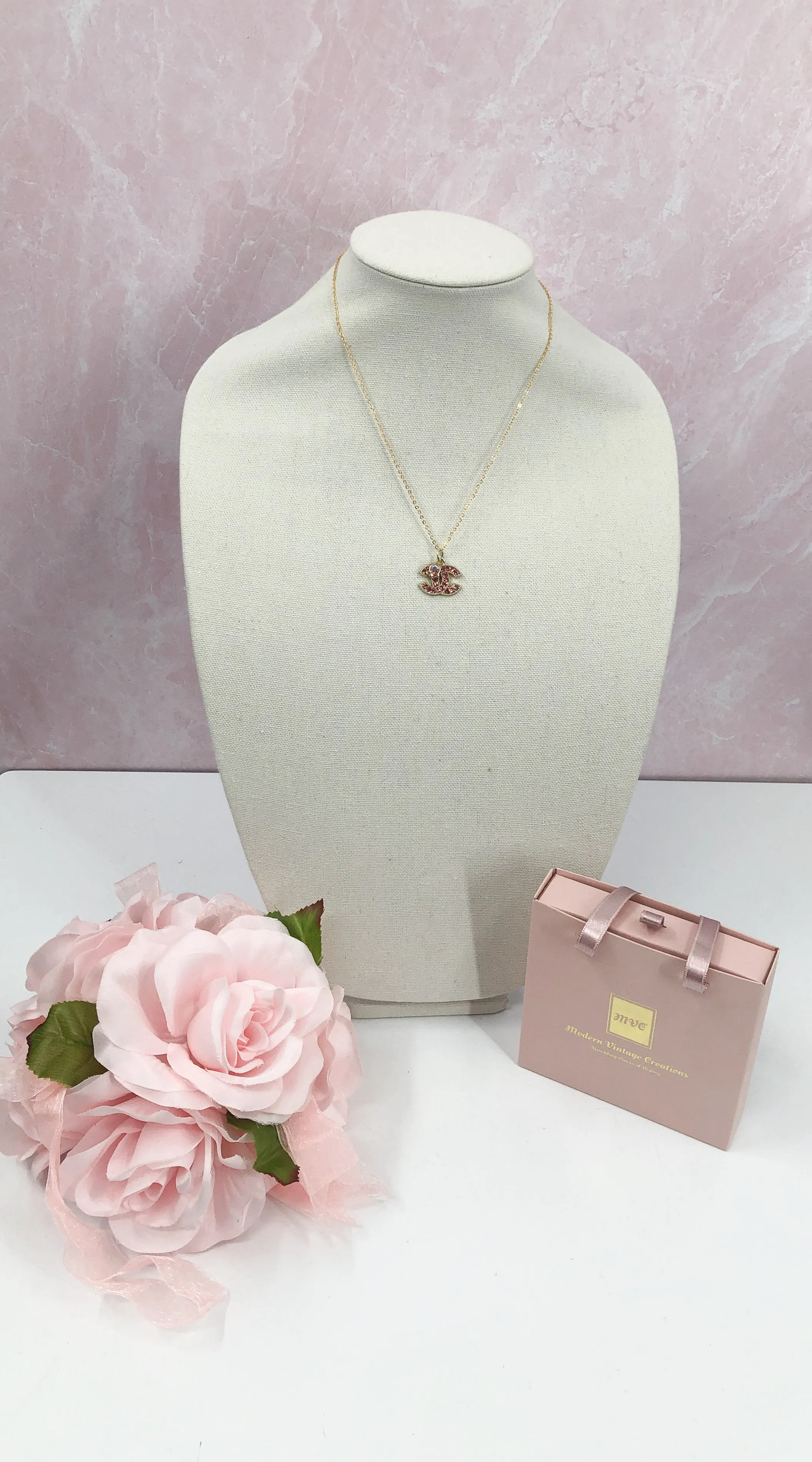 Prudence Pink and Gold Vintage Coco Chanel Zipper Pull Necklace- Modern Vintage Creations