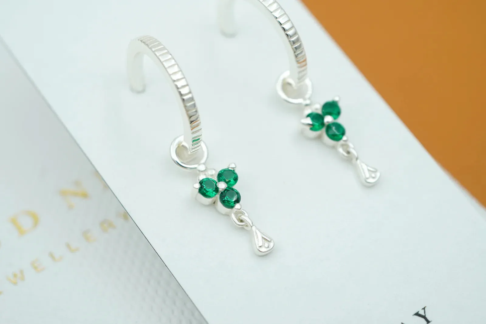 Silver Birthstone Hoops - May /Emerald