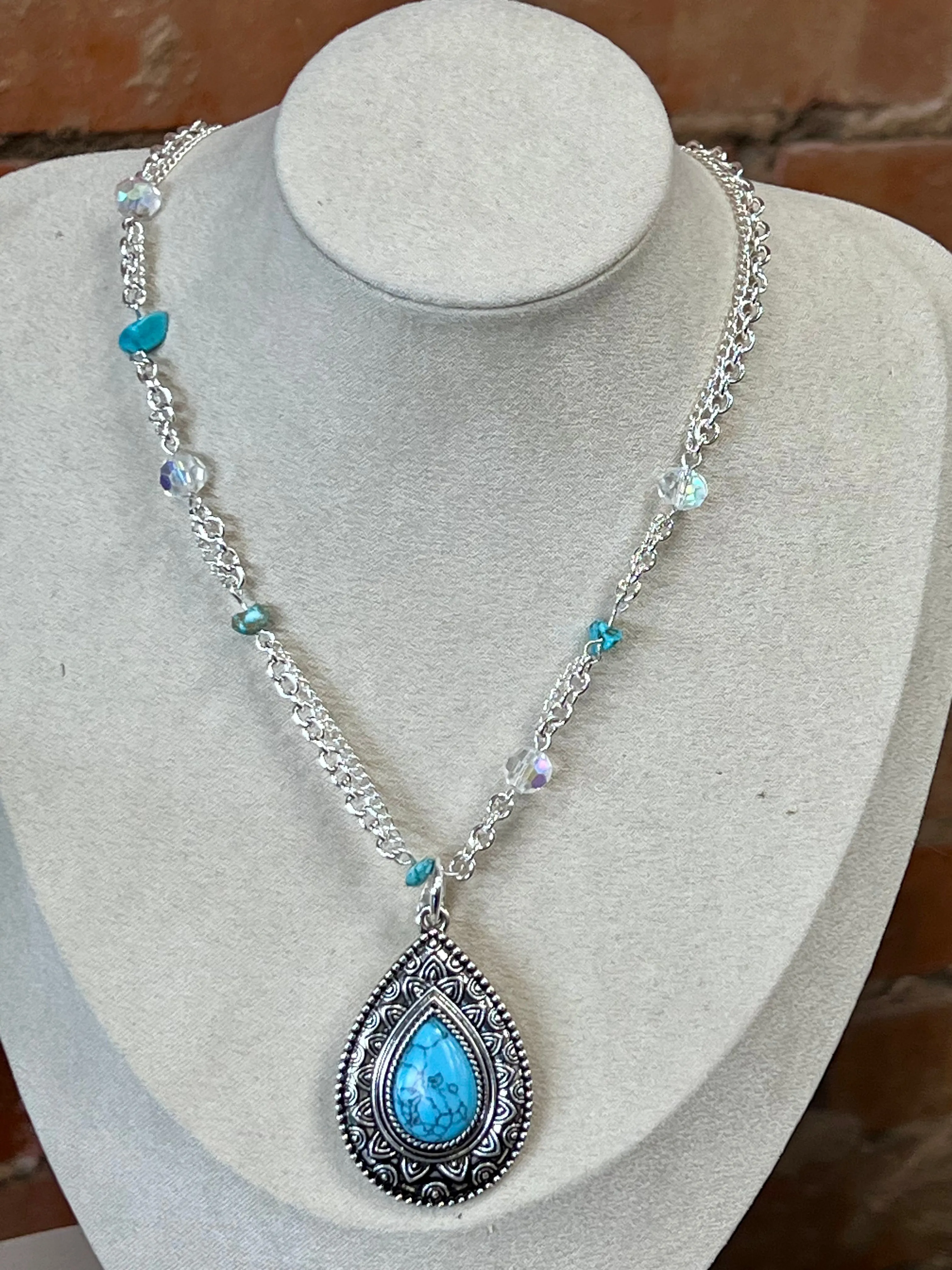 Silver Chain with Oval Teardrop Madellon Turquoise Stone Necklace