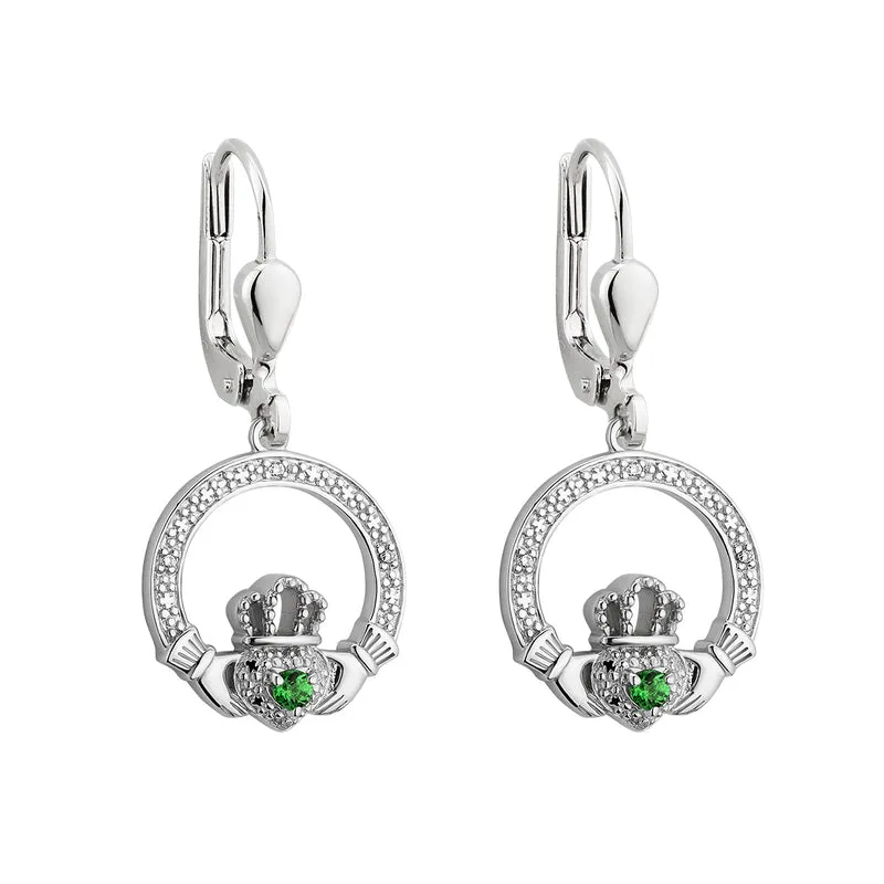 Silver Crystal Claddagh Drop Earrings