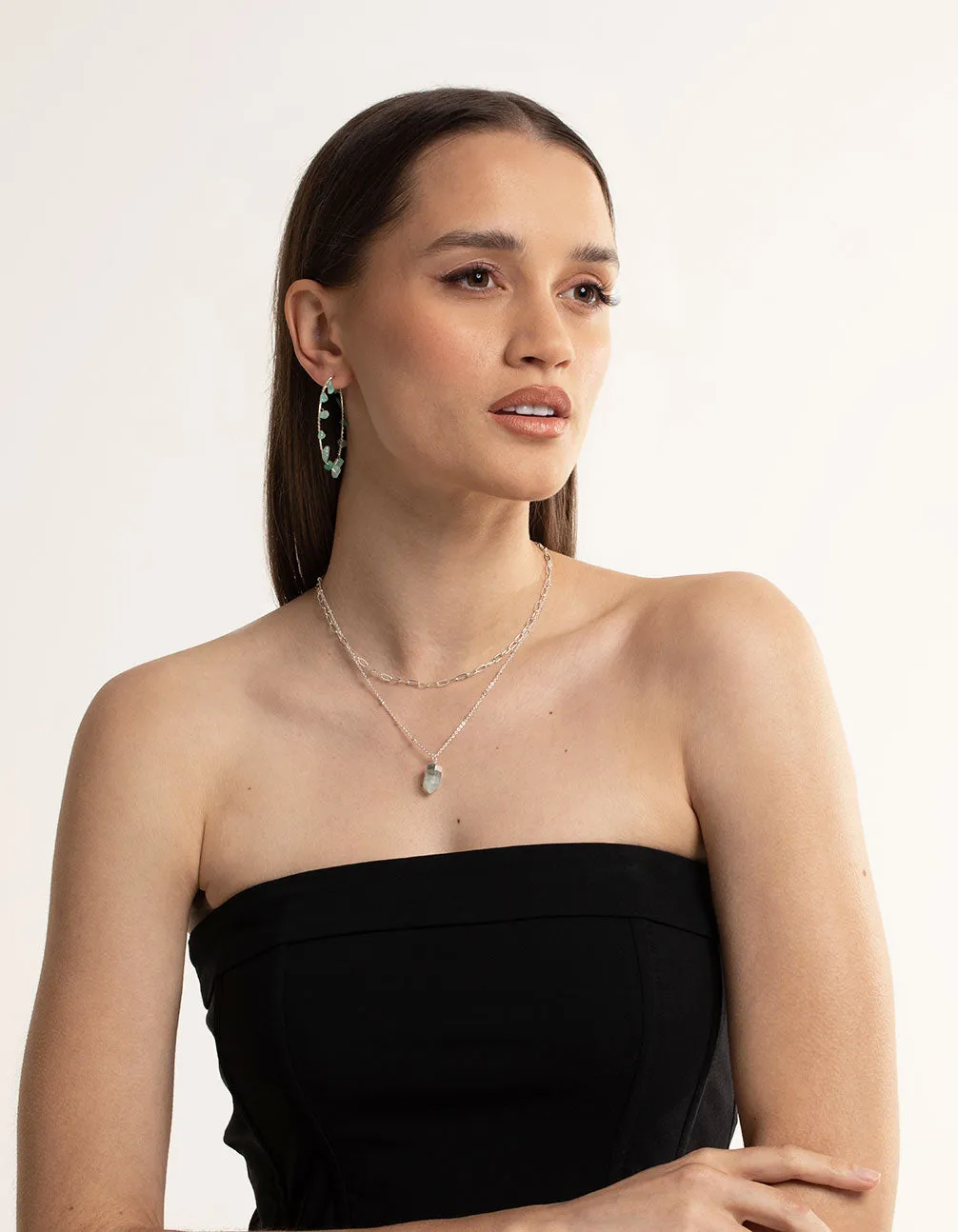 Silver Green Fluorite Shard Oval Layered Necklace