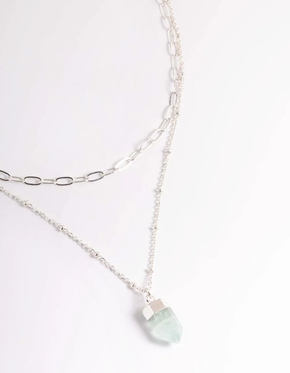 Silver Green Fluorite Shard Oval Layered Necklace