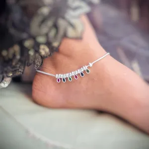 Simple Silver anklet for Girls with Multi-Color Gems and Silver Balls