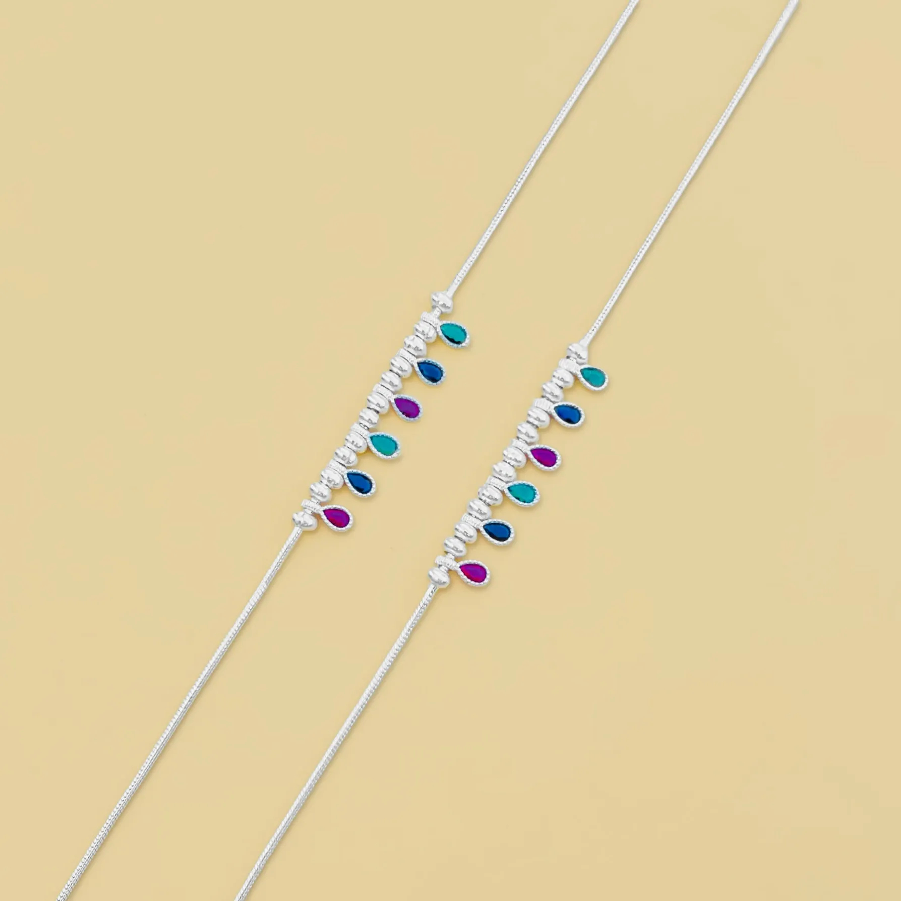 Simple Silver anklet for Girls with Multi-Color Gems and Silver Balls